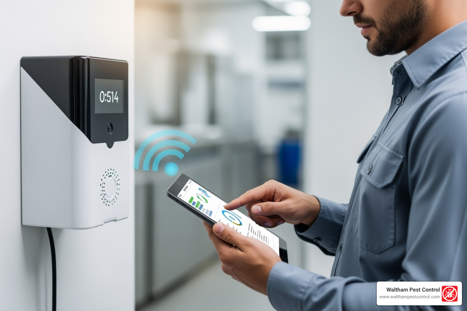 A pest control technician inspecting a digital rodent monitoring station with a tablet, showcasing the integration of technology in modern pest control for data collection and analysis. - commercial and residential pest control