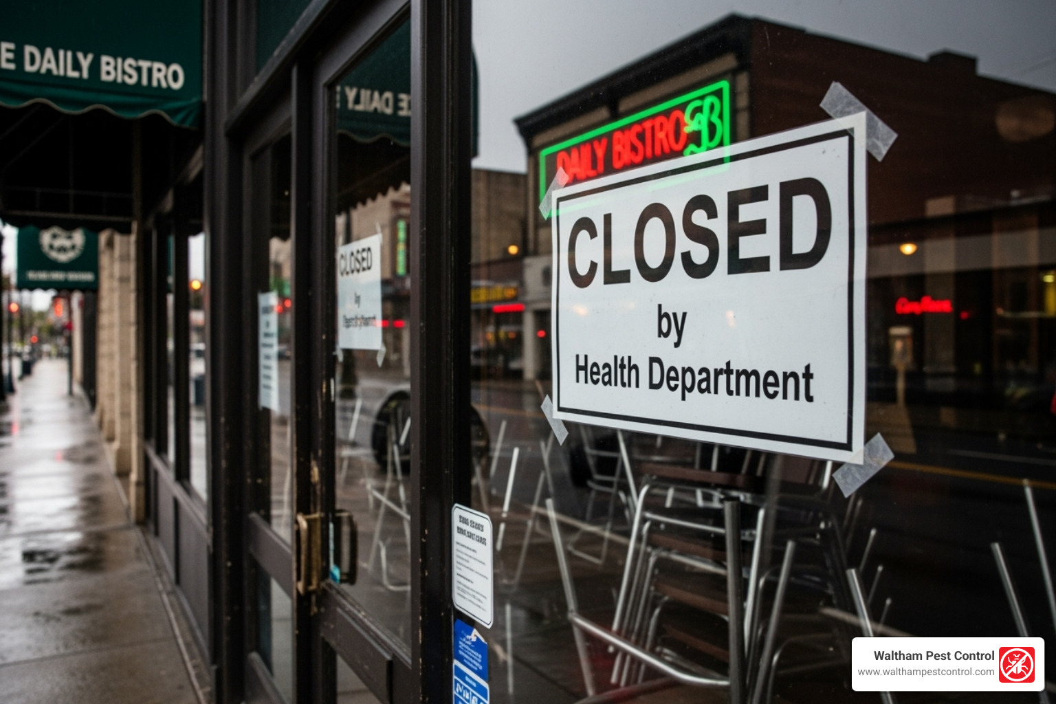 An image of a "Closed by Health Department" sign prominently displayed on the front door of a restaurant, emphasizing the severe consequences of neglecting pest control in a business. - commercial and residential pest control