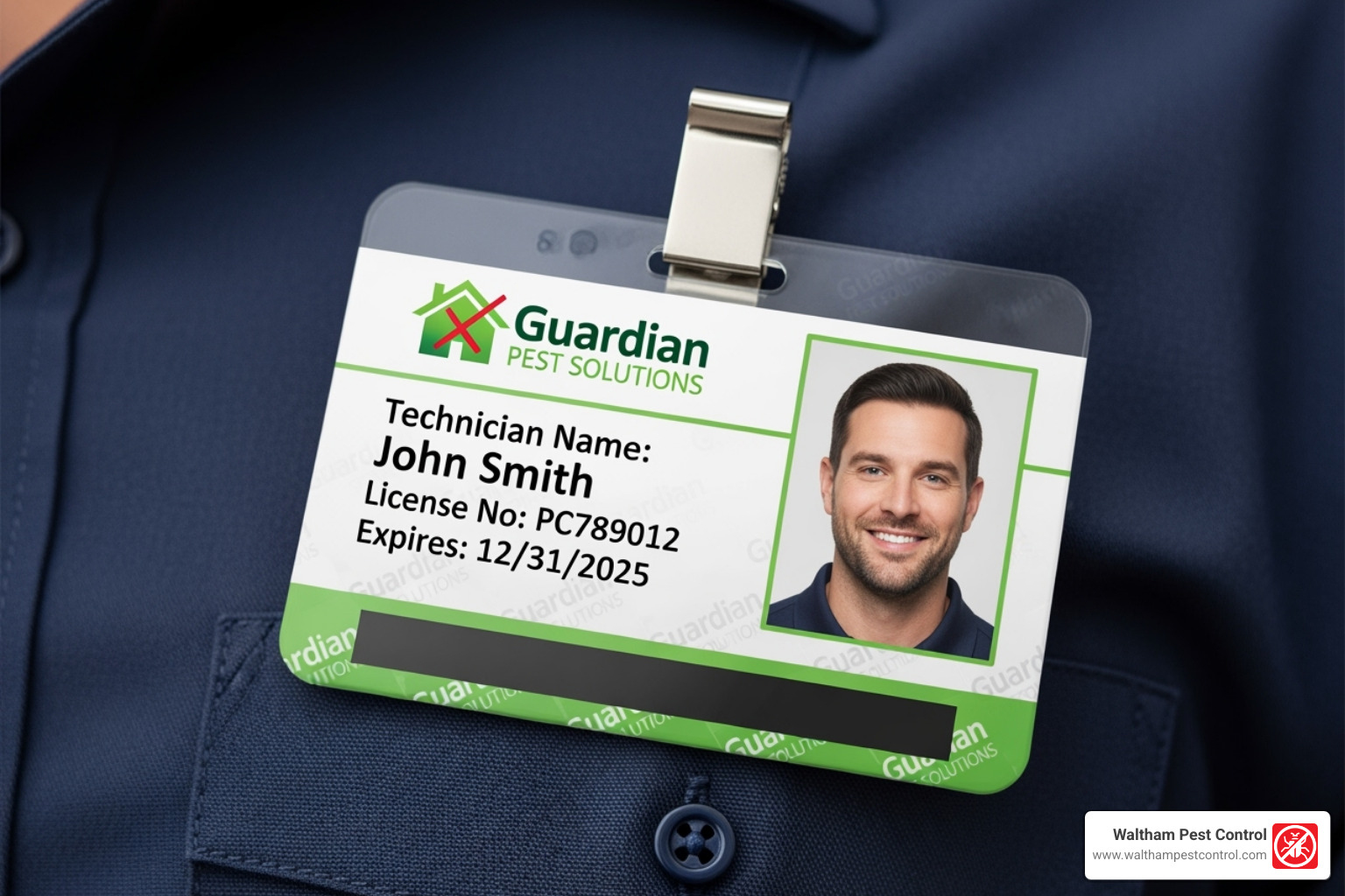 A close-up image of a certified pest control technician's ID badge, displaying their license number and company logo, worn on a professional uniform, symbolizing expertise and trustworthiness. - commercial and residential pest control