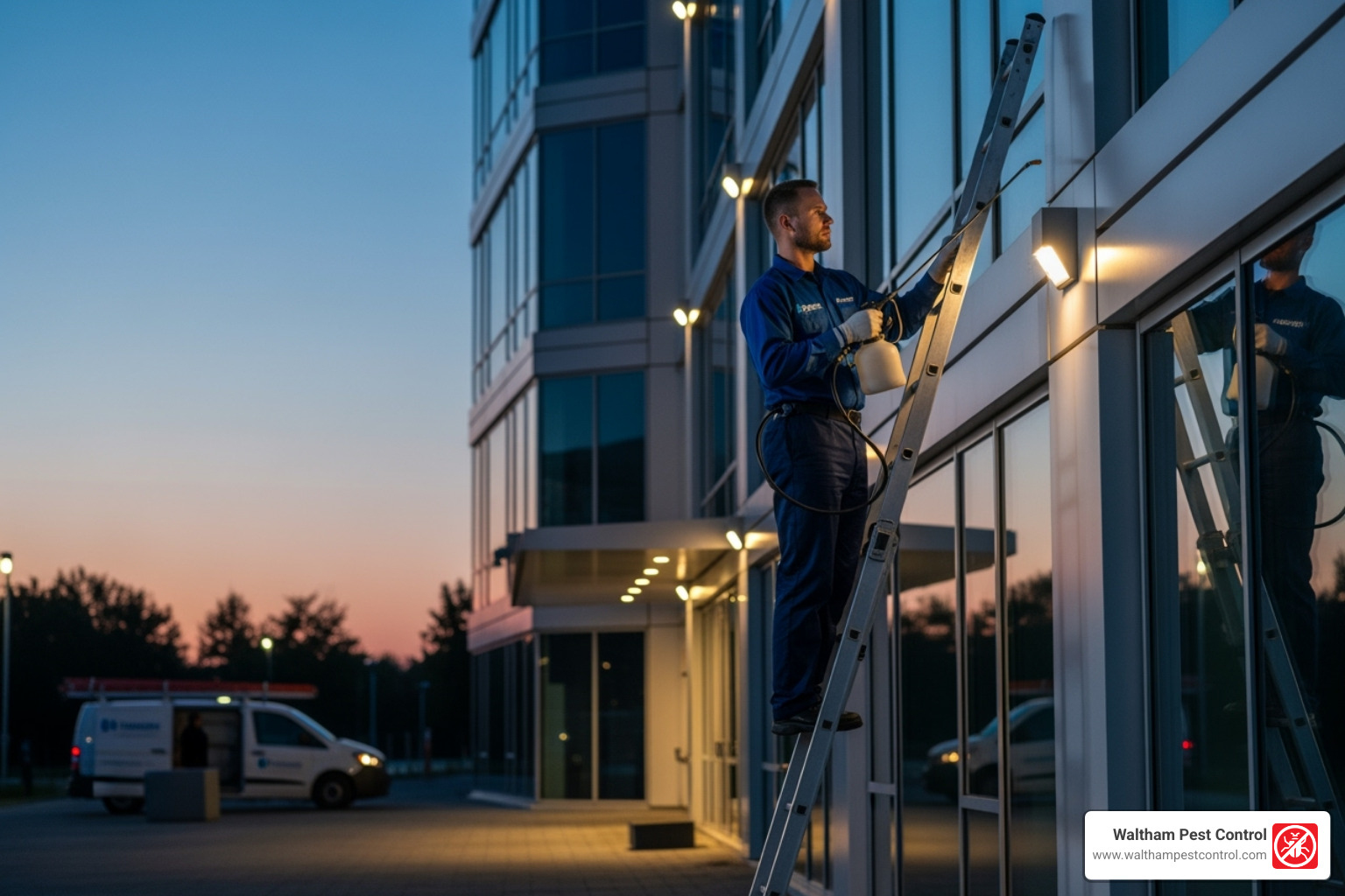A pest control technician in uniform, discreetly servicing an office building's exterior after business hours, with a ladder and spray equipment visible, highlighting the need for minimal disruption in commercial settings. - commercial and residential pest control