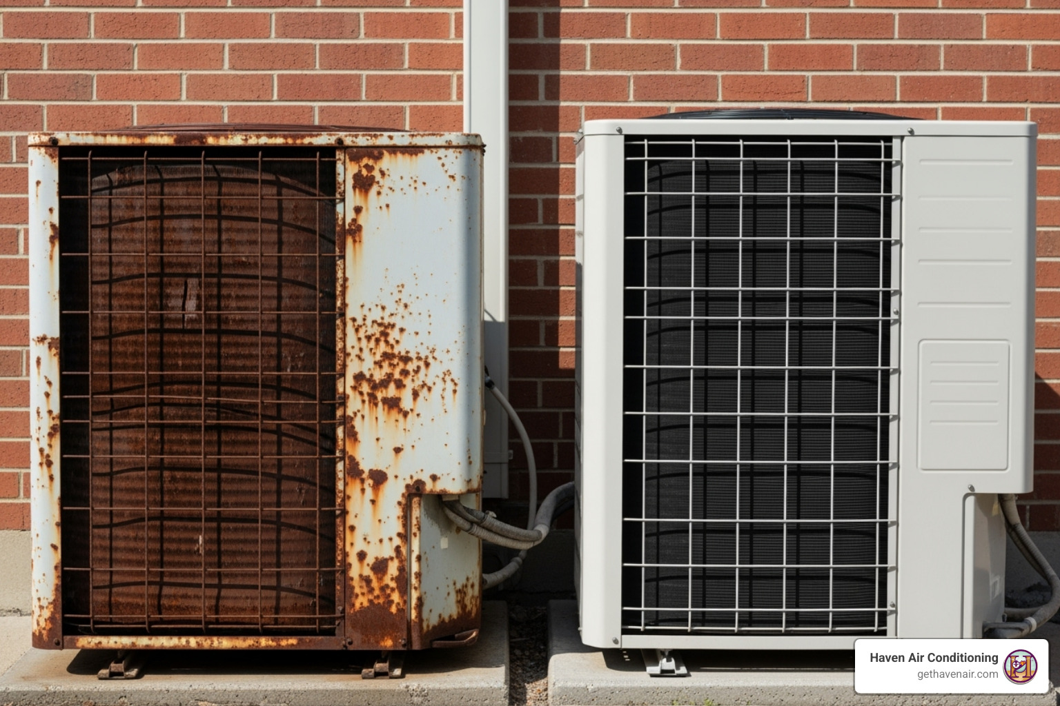 old, rusty outdoor AC unit contrasted with a new, modern one - anaheim ac installation old, rusty outdoor AC unit contrasted with a new, modern one - anaheim ac installation