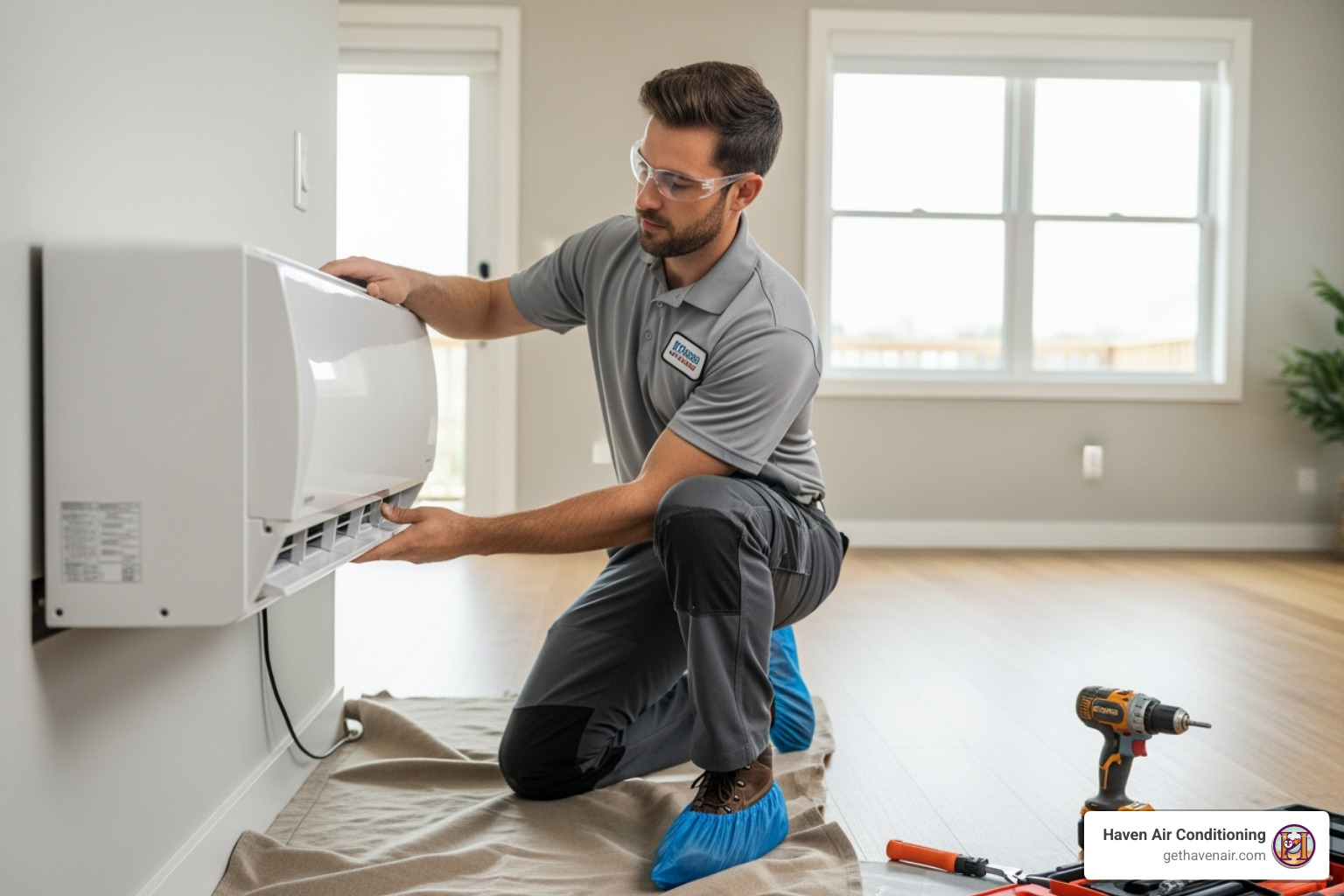certified technician professionally installing an indoor AC unit, wearing booties to protect the floor - anaheim ac installation certified technician professionally installing an indoor AC unit, wearing booties to protect the floor - anaheim ac installation