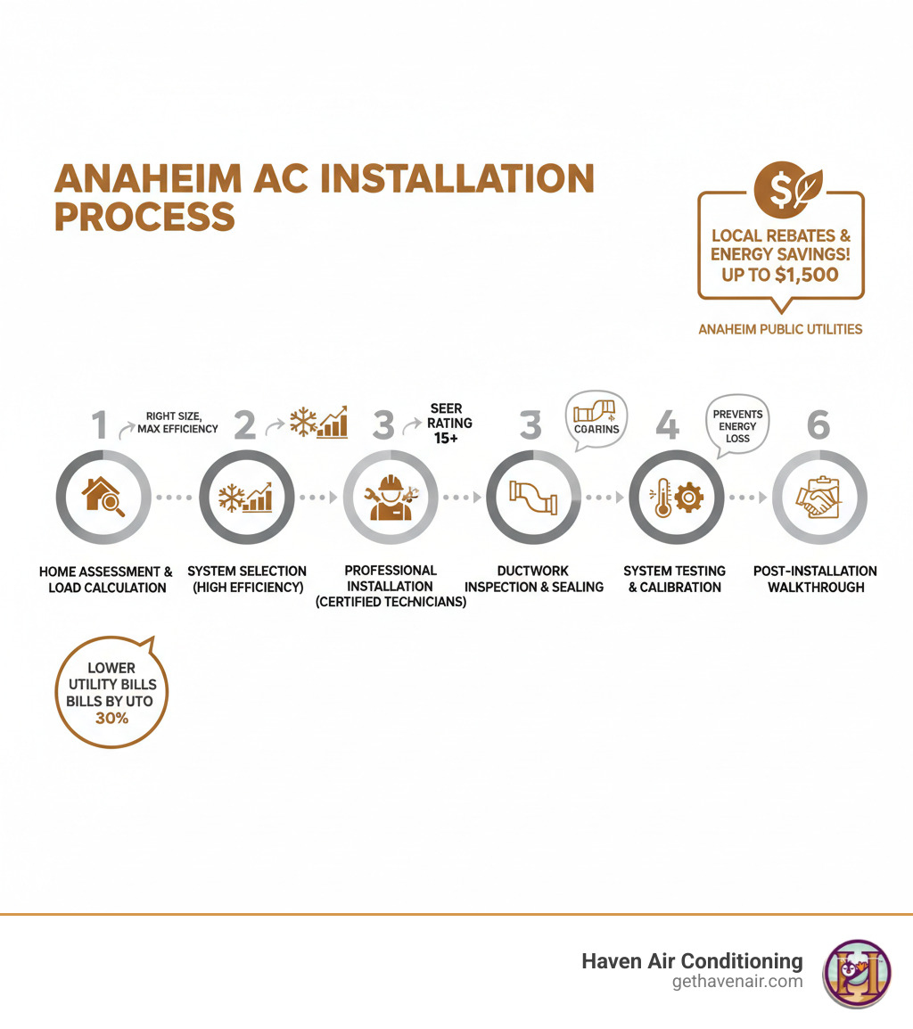 infographic showing the AC installation process in Anaheim: home assessment and load calculation, system selection based on efficiency ratings, professional installation by certified technicians, ductwork inspection and sealing, system testing and calibration, and post-installation walkthrough, with callouts for local rebates and energy savings - anaheim ac installation infographic infographic showing the AC installation process in Anaheim: home assessment and load calculation, system selection based on efficiency ratings, professional installation by certified technicians, ductwork inspection and sealing, system testing and calibration, and post-installation walkthrough, with callouts for local rebates and energy savings - anaheim ac installation infographic