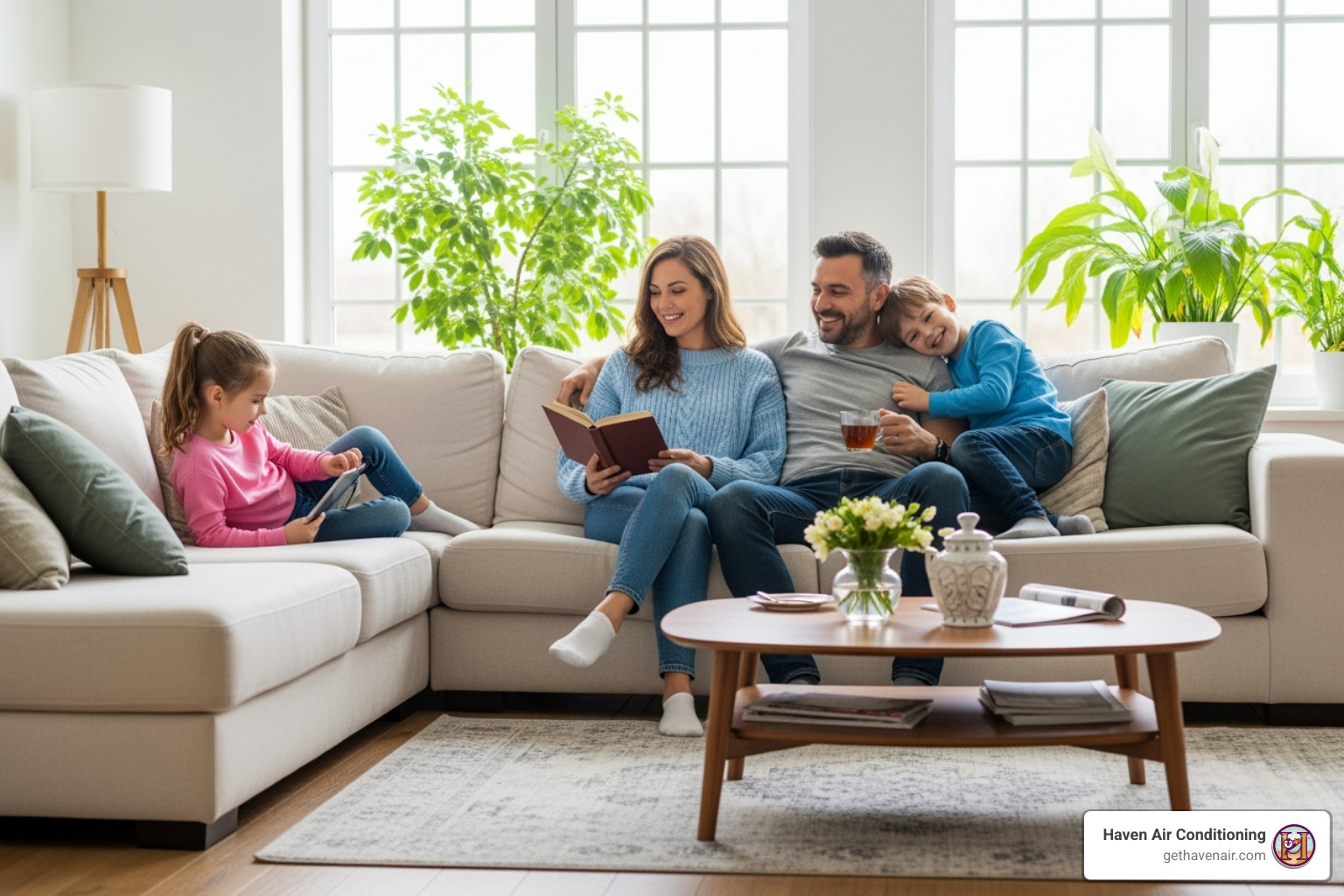 Family relaxing comfortably in their living room - HVAC maintenance plan Family relaxing comfortably in their living room - HVAC maintenance plan
