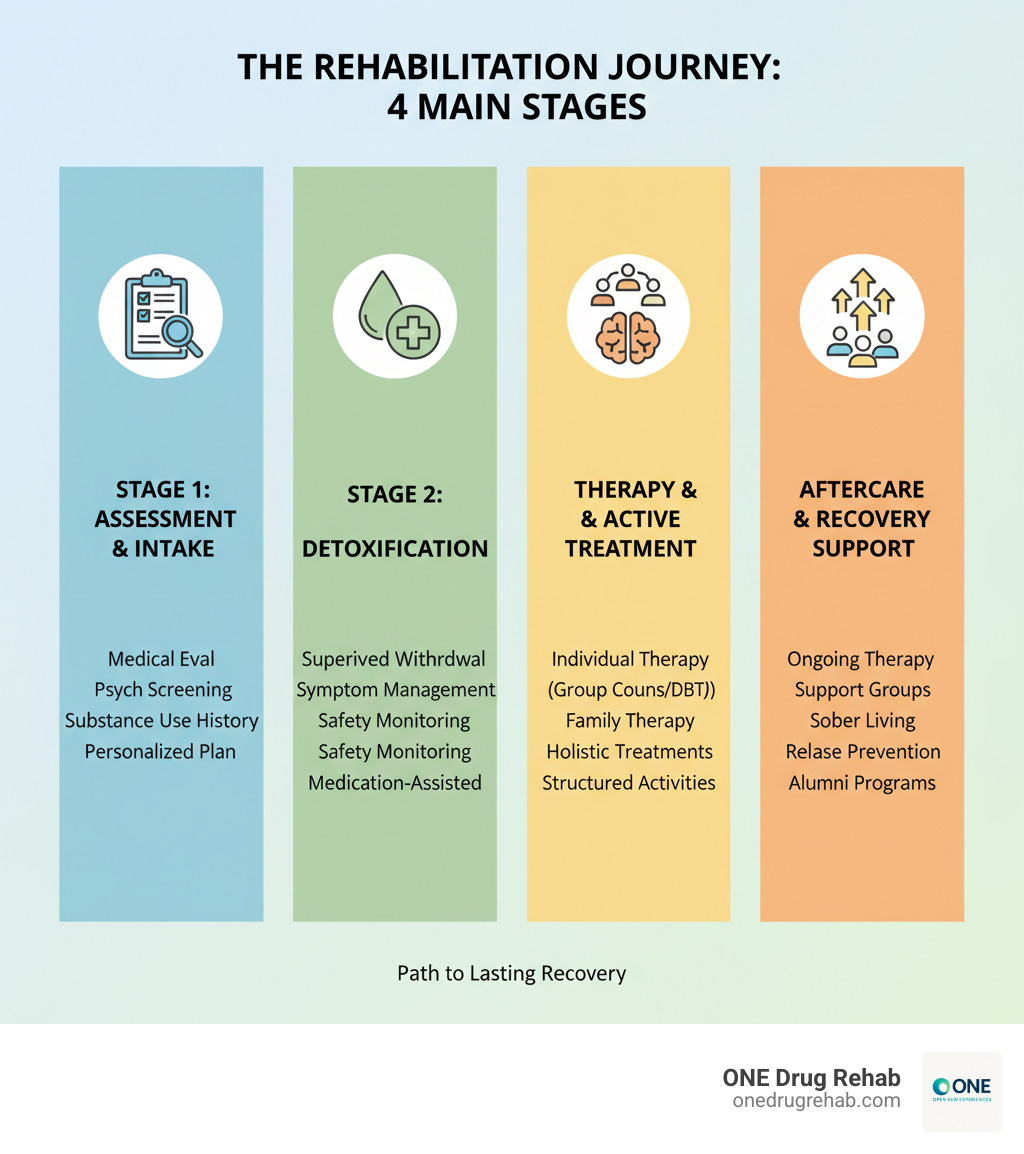 Infographic showing the four main stages of rehabilitation: Stage 1 - Assessment and Intake (medical evaluation, psychological screening, substance use history, personalized treatment plan creation); Stage 2 - Detoxification (medically supervised withdrawal, symptom management, safety monitoring, medication-assisted treatment when needed); Stage 3 - Therapy and Active Treatment (individual therapy like CBT and DBT, group counseling, family therapy, holistic treatments, daily structured activities); Stage 4 - Aftercare and Recovery Support (ongoing therapy, support groups, sober living options, relapse prevention, alumni programs) - How rehab works infographic 
