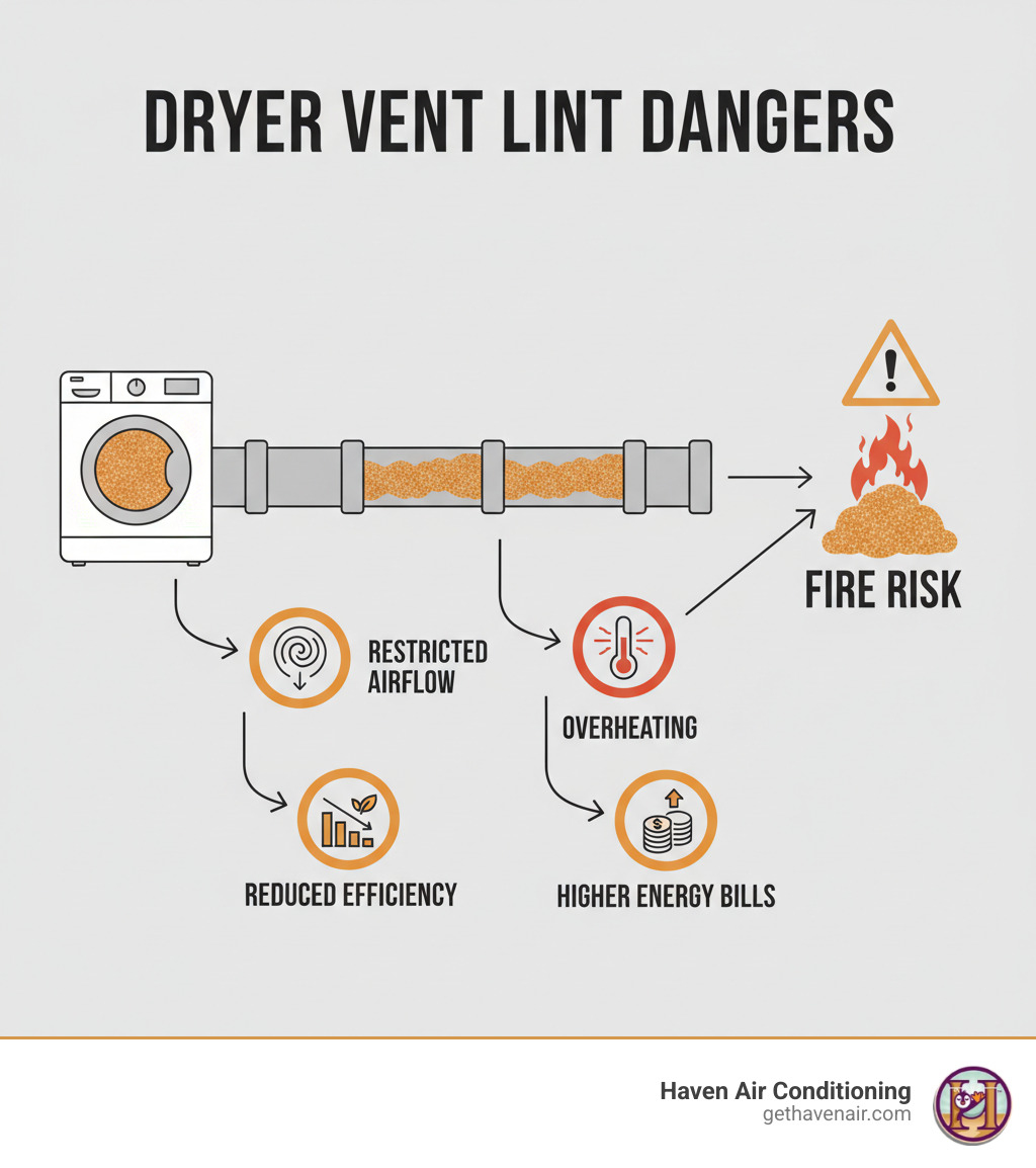 Infographic showing the dangers of dryer vent lint buildup: lint accumulation in duct pipe leads to restricted airflow, which causes overheating, which combined with highly flammable lint creates fire risk; also shows reduced efficiency and higher energy bills as secondary consequences - clothes dryer vent cleaning infographic 