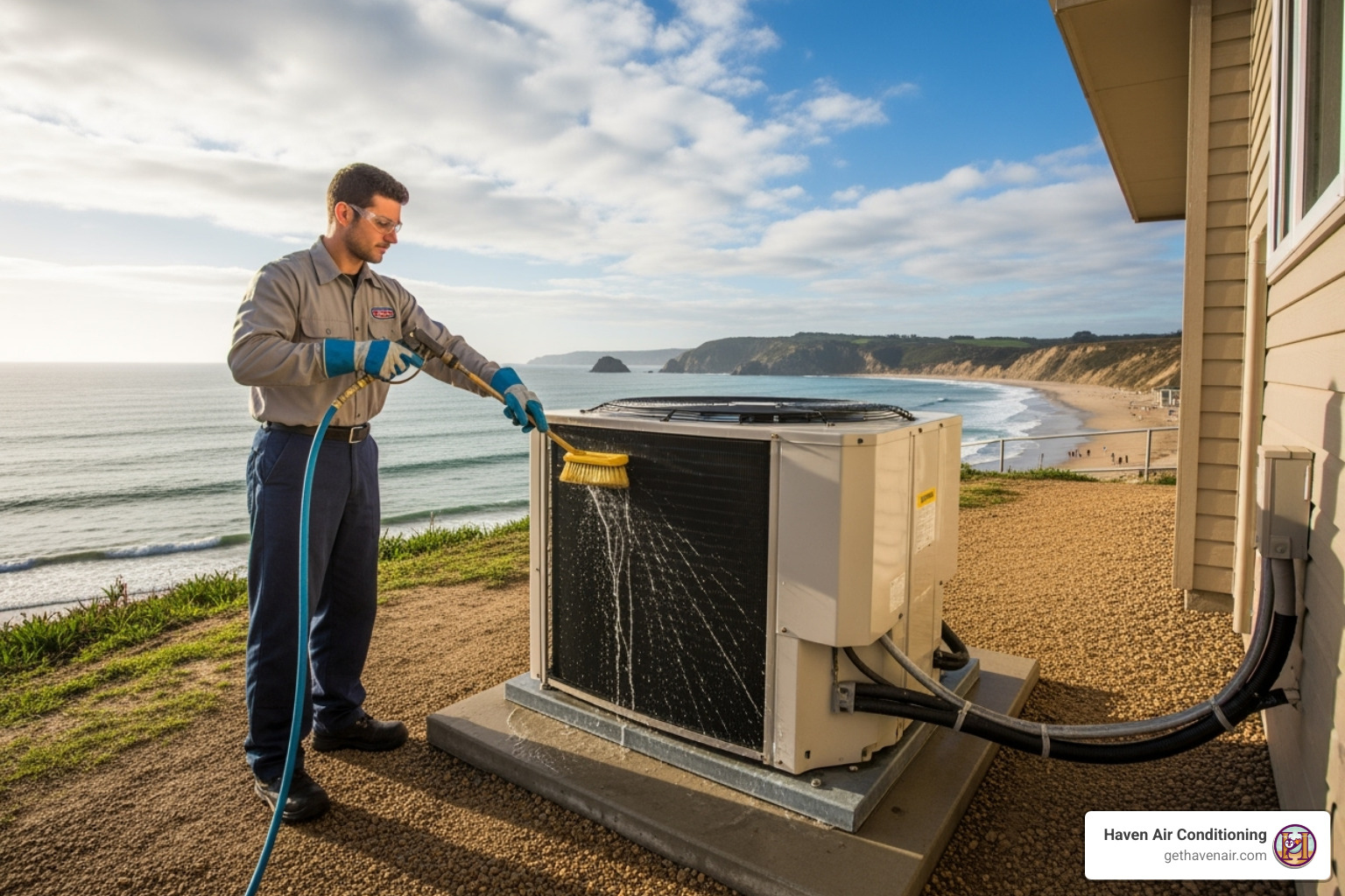 technician cleaning outdoor condenser unit near coast - hvac repair laguna hills technician cleaning outdoor condenser unit near coast - hvac repair laguna hills