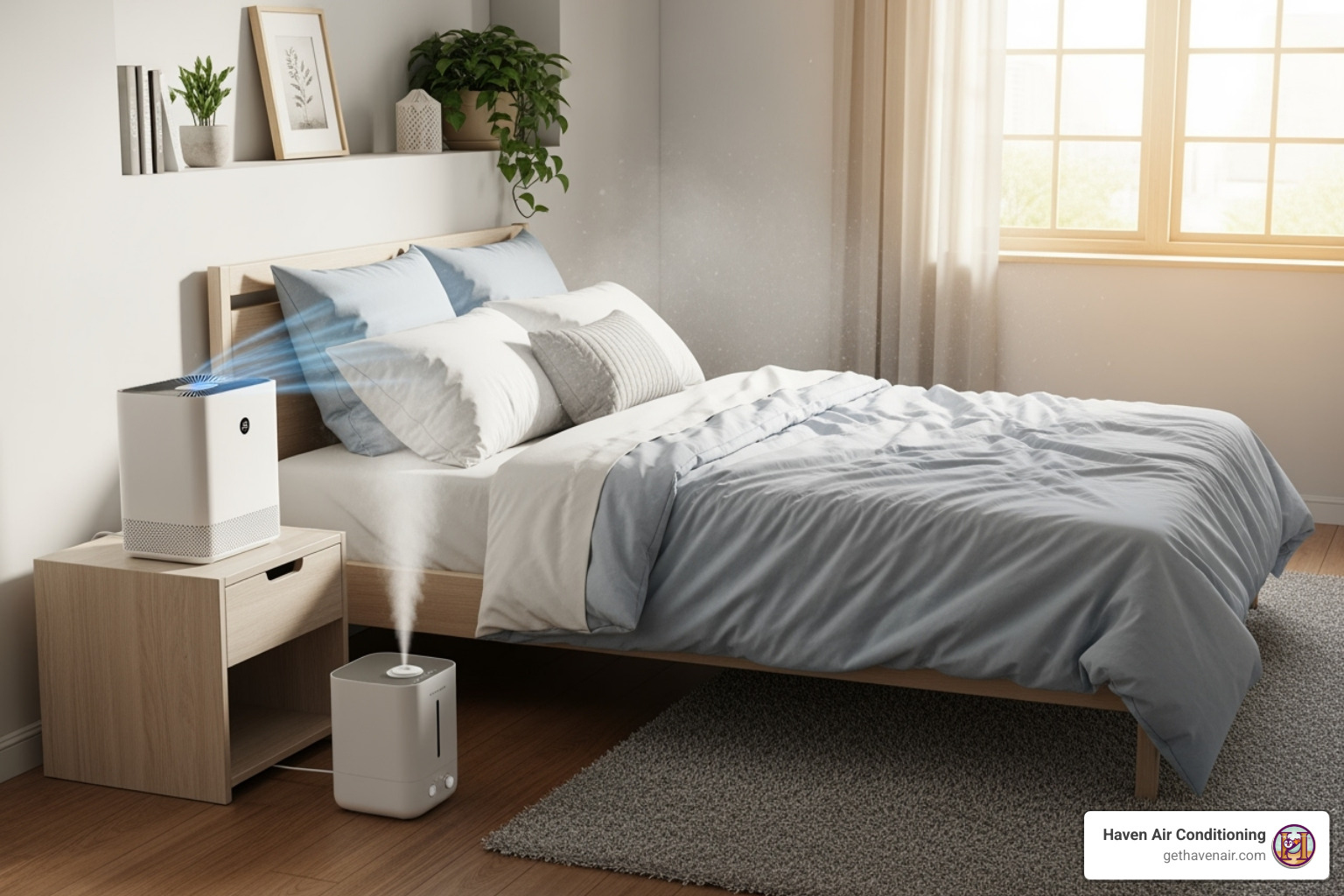 bedroom with both an air purifier and a small humidifier working in tandem - air purifier humidity control bedroom with both an air purifier and a small humidifier working in tandem - air purifier humidity control