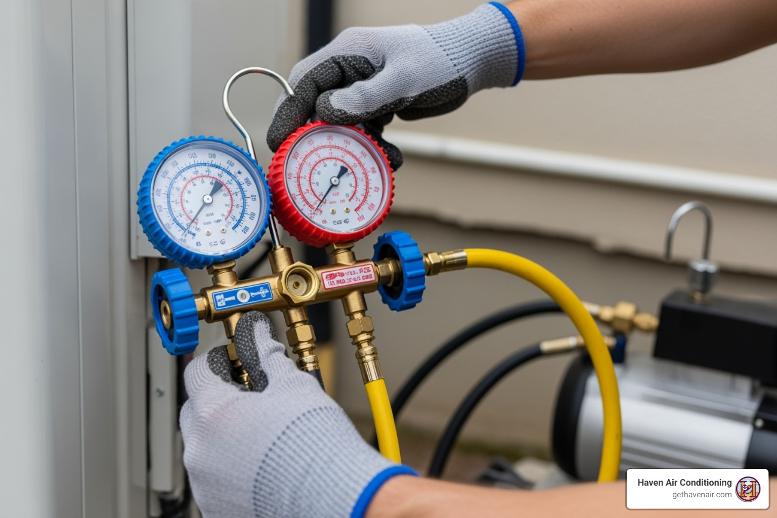 technician using gauges to test a newly installed heat pump - ac heat pump installation technician using gauges to test a newly installed heat pump - ac heat pump installation