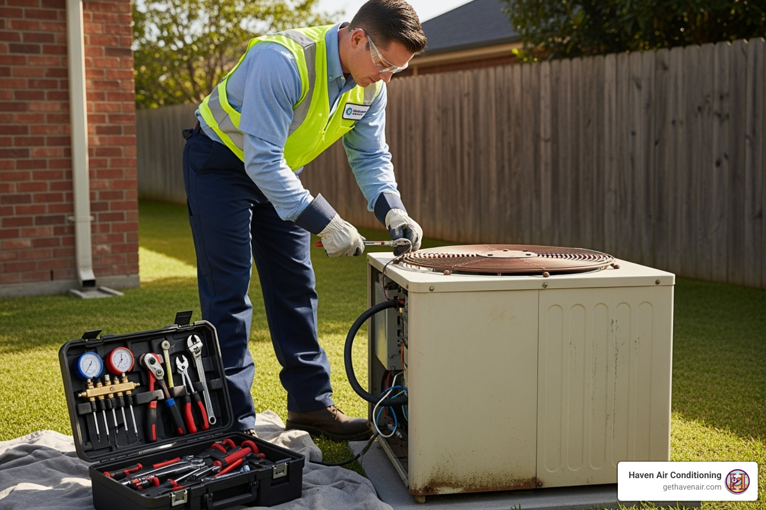 technician safely disconnecting an old HVAC unit - ac heat pump installation technician safely disconnecting an old HVAC unit - ac heat pump installation