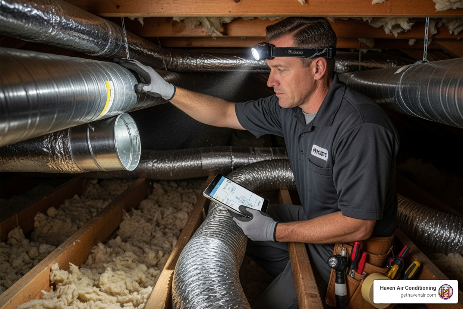 HVAC professional assessing a home's ductwork - ac heat pump installation HVAC professional assessing a home's ductwork - ac heat pump installation