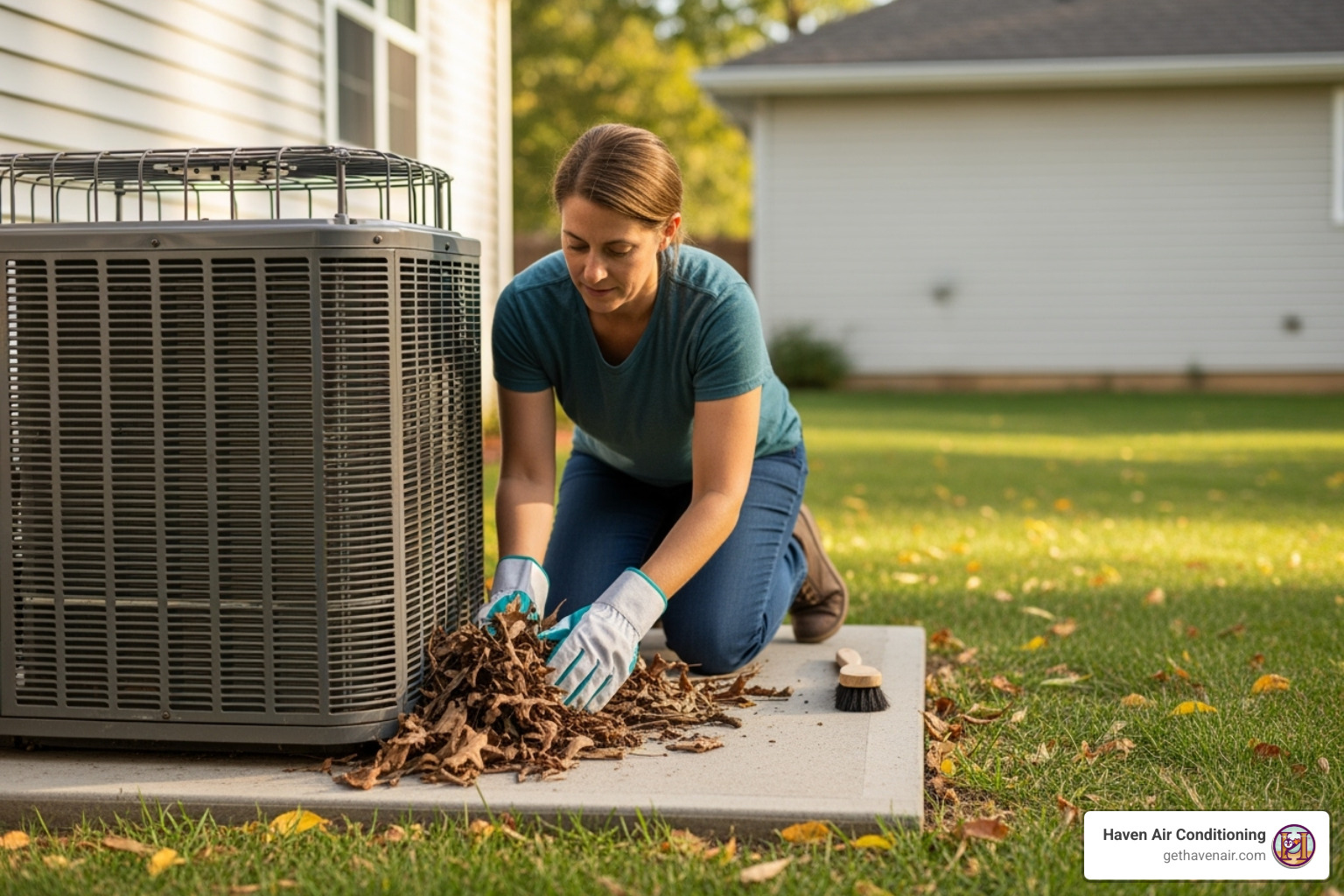 a homeowner cleaning debris away from their outdoor AC unit - affordable hvac repair a homeowner cleaning debris away from their outdoor AC unit - affordable hvac repair