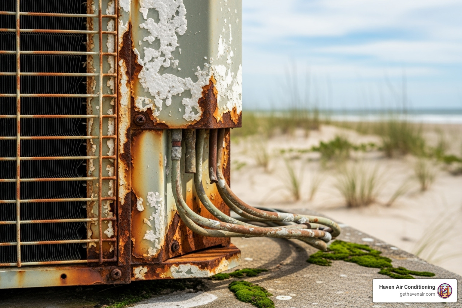 outdoor AC unit showing signs of salt air corrosion - hvac repair laguna beach outdoor AC unit showing signs of salt air corrosion - hvac repair laguna beach