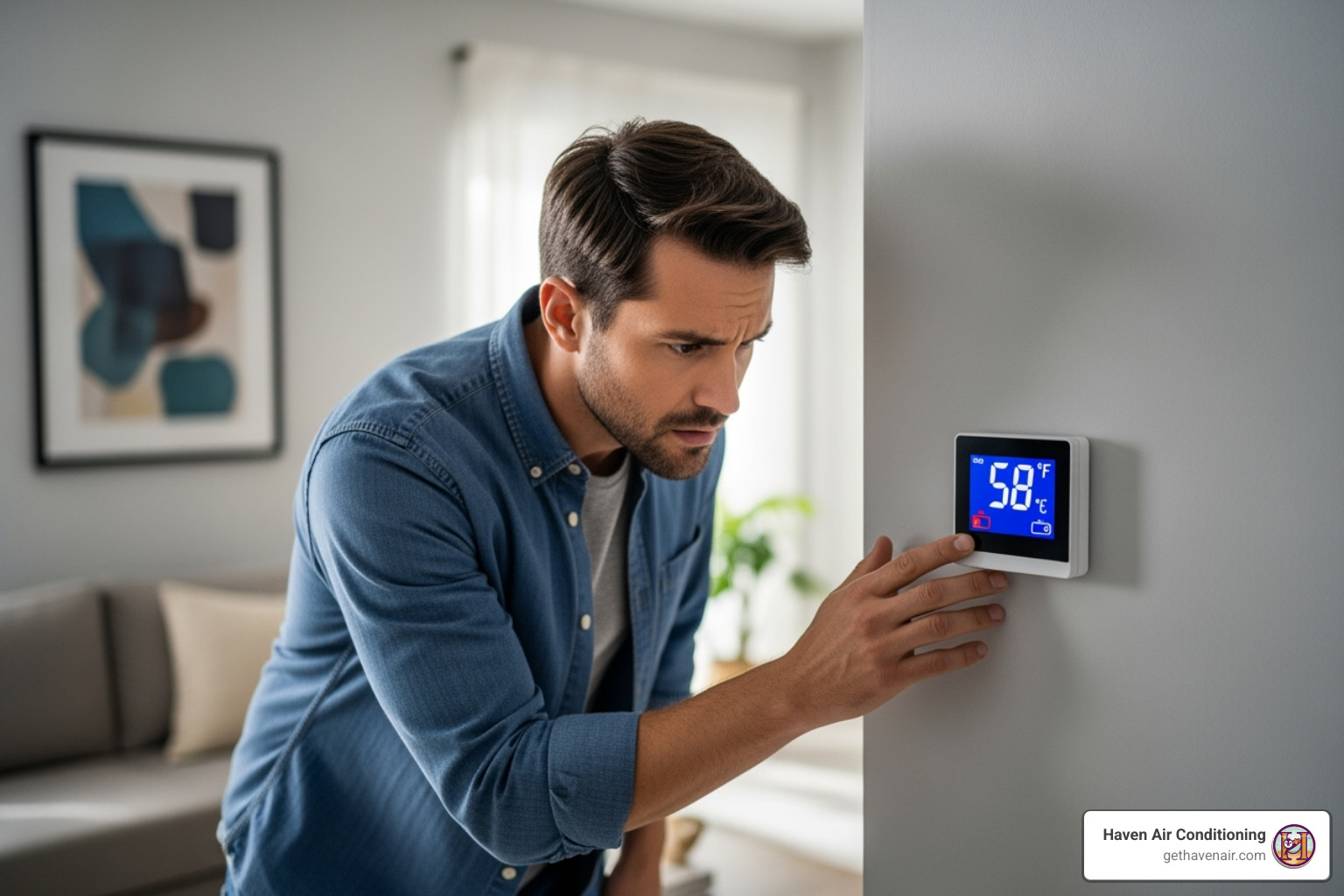 homeowner looking concerned at a thermostat - hvac repair laguna beach homeowner looking concerned at a thermostat - hvac repair laguna beach