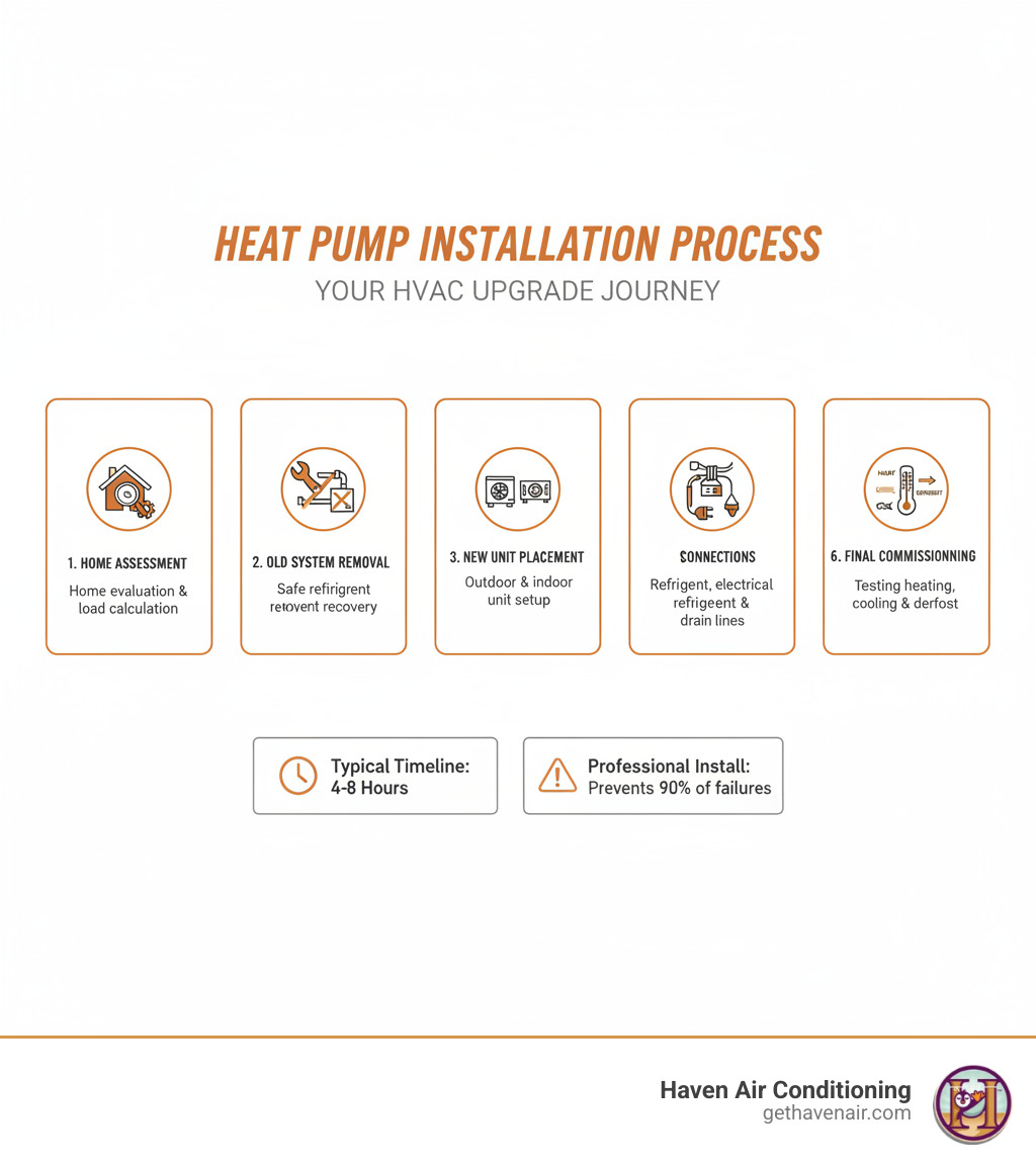 infographic showing heat pump installation process from home assessment through load calculation, old system removal, new unit placement, refrigerant line connection, electrical wiring, drain installation, vacuum testing, refrigerant charging, and final commissioning with testing of heating, cooling, and defrost modes - ac heat pump installation infographic infographic showing heat pump installation process from home assessment through load calculation, old system removal, new unit placement, refrigerant line connection, electrical wiring, drain installation, vacuum testing, refrigerant charging, and final commissioning with testing of heating, cooling, and defrost modes - ac heat pump installation infographic