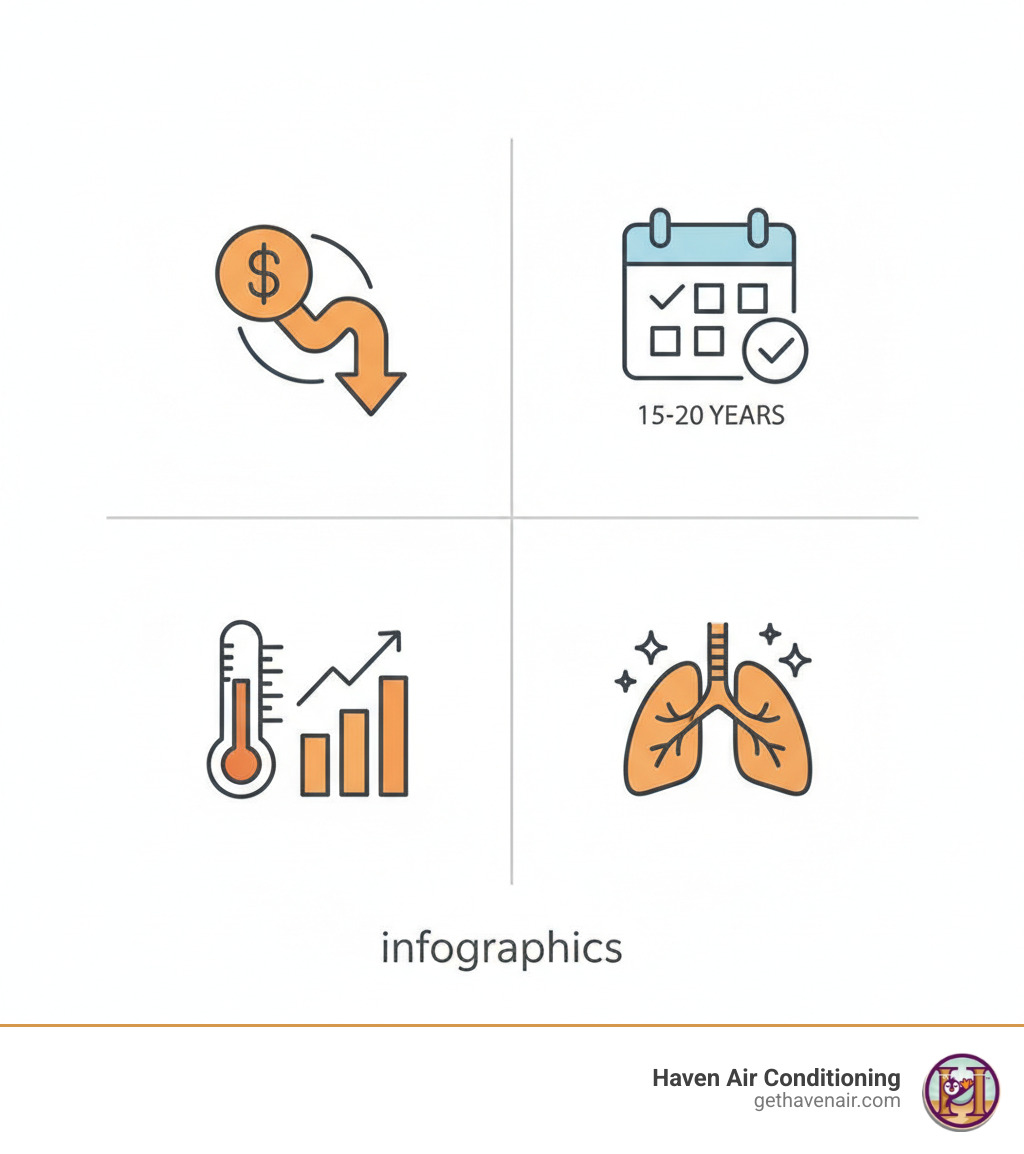 Infographic showing the four pillars of HVAC maintenance plan benefits: a dollar sign with downward arrow representing cost savings and reduced energy bills, a calendar with checkmarks showing extended 15-20 year system lifespan, a thermometer indicating improved efficiency and consistent comfort, and lungs with sparkles representing better indoor air quality through reduced allergens and pollutants - HVAC maintenance plan infographic Infographic showing the four pillars of HVAC maintenance plan benefits: a dollar sign with downward arrow representing cost savings and reduced energy bills, a calendar with checkmarks showing extended 15-20 year system lifespan, a thermometer indicating improved efficiency and consistent comfort, and lungs with sparkles representing better indoor air quality through reduced allergens and pollutants - HVAC maintenance plan infographic