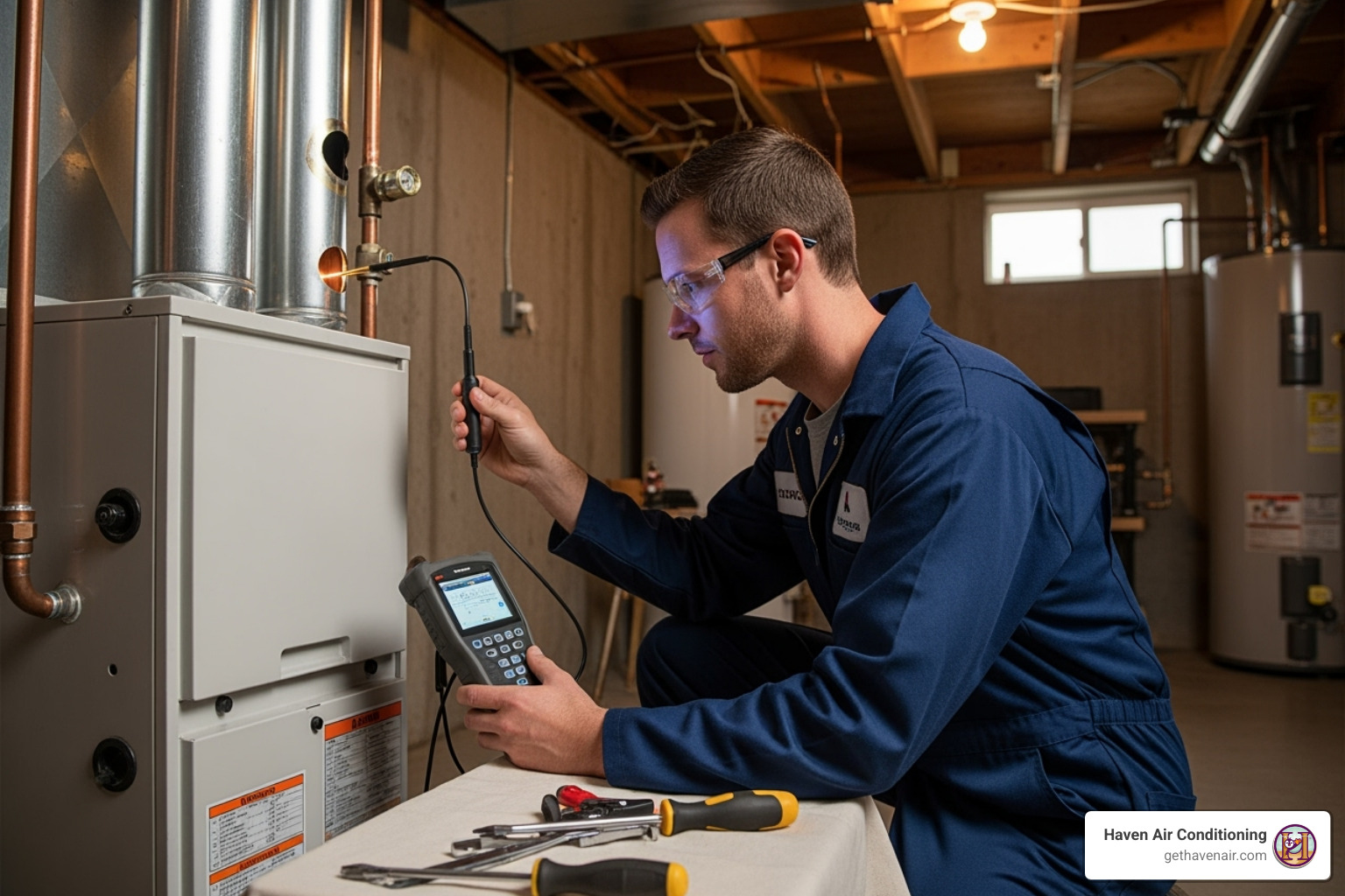 technician using a digital combustion analyzer on a furnace flue pipe - Combustion analysis service technician using a digital combustion analyzer on a furnace flue pipe - Combustion analysis service
