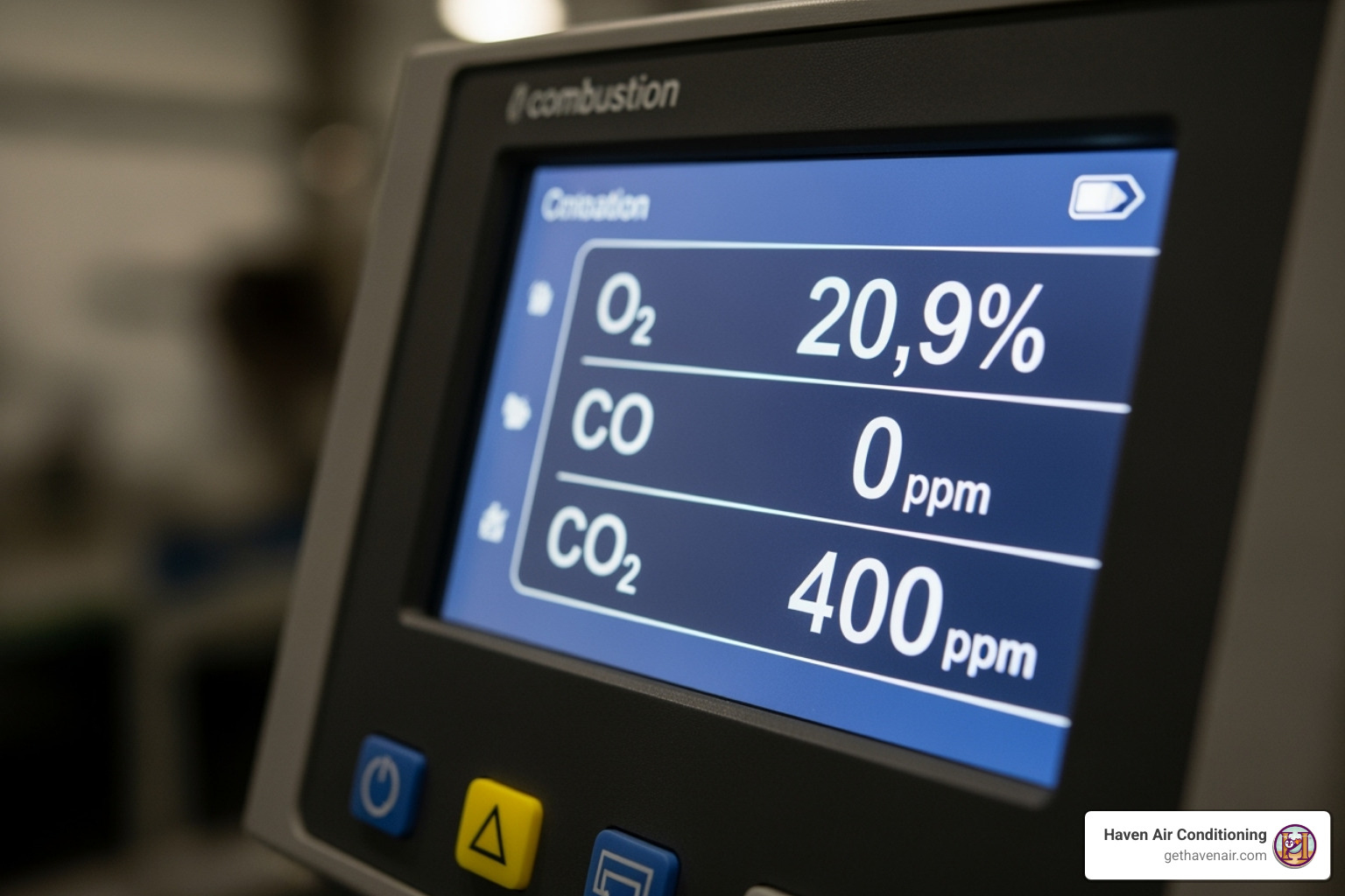 close-up of a digital combustion analyzer's screen with clear O2, CO, and CO2 readings - Combustion analysis service close-up of a digital combustion analyzer's screen with clear O2, CO, and CO2 readings - Combustion analysis service