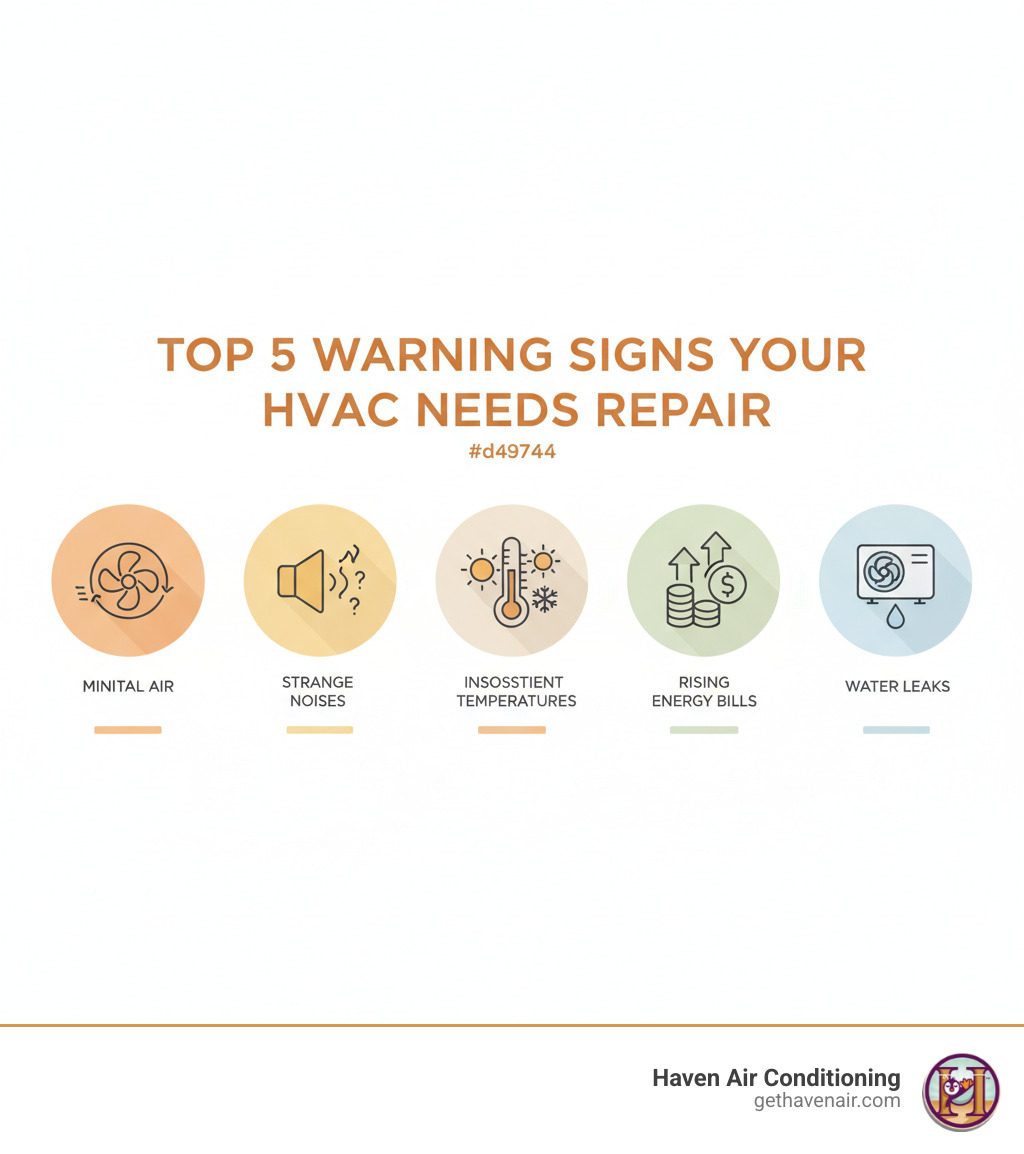 infographic showing top 5 warning signs your HVAC needs repair including weak airflow, strange noises, inconsistent temperatures, rising energy bills, and water leaks around the unit - hvac repair laguna hills infographic infographic showing top 5 warning signs your HVAC needs repair including weak airflow, strange noises, inconsistent temperatures, rising energy bills, and water leaks around the unit - hvac repair laguna hills infographic