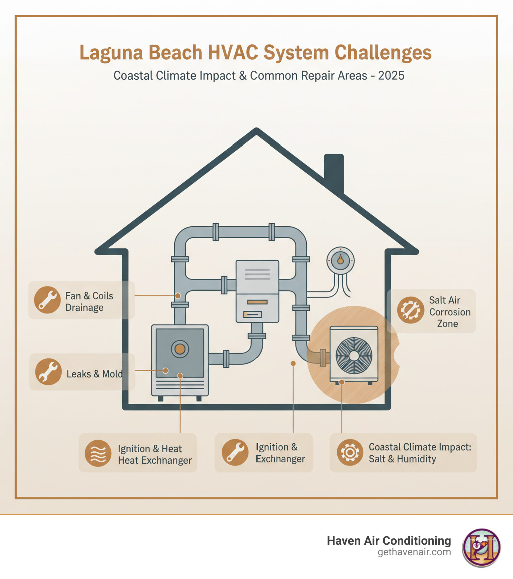infographic showing HVAC system components including outdoor AC condenser unit, indoor air handler, ductwork system, thermostat, and furnace, with labels indicating common repair areas and coastal climate impact zones - hvac repair laguna beach infographic infographic showing HVAC system components including outdoor AC condenser unit, indoor air handler, ductwork system, thermostat, and furnace, with labels indicating common repair areas and coastal climate impact zones - hvac repair laguna beach infographic