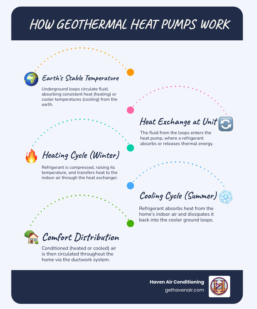 Infographic showing geothermal heat pump operation with underground loop system extracting stable earth temperatures, transferring heat through refrigerant cycle to indoor unit for heating in winter and cooling in summer, with labeled components including ground loops, heat exchanger, compressor, and distribution system - geothermal ac cost infographic infographic-line-5-steps-blues-accent_colors Infographic showing geothermal heat pump operation with underground loop system extracting stable earth temperatures, transferring heat through refrigerant cycle to indoor unit for heating in winter and cooling in summer, with labeled components including ground loops, heat exchanger, compressor, and distribution system - geothermal ac cost infographic infographic-line-5-steps-blues-accent_colors