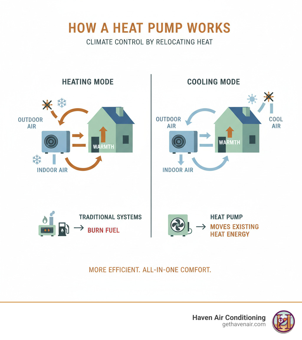 Infographic showing how a heat pump moves heat rather than creates it, with arrows depicting heat transfer in both heating mode (extracting heat from outdoor air and moving it inside) and cooling mode (removing heat from indoor air and releasing it outside), plus a comparison showing traditional systems burn fuel while heat pumps simply relocate existing heat energy - ac heat pump infographic  Infographic showing how a heat pump moves heat rather than creates it, with arrows depicting heat transfer in both heating mode (extracting heat from outdoor air and moving it inside) and cooling mode (removing heat from indoor air and releasing it outside), plus a comparison showing traditional systems burn fuel while heat pumps simply relocate existing heat energy - ac heat pump infographic