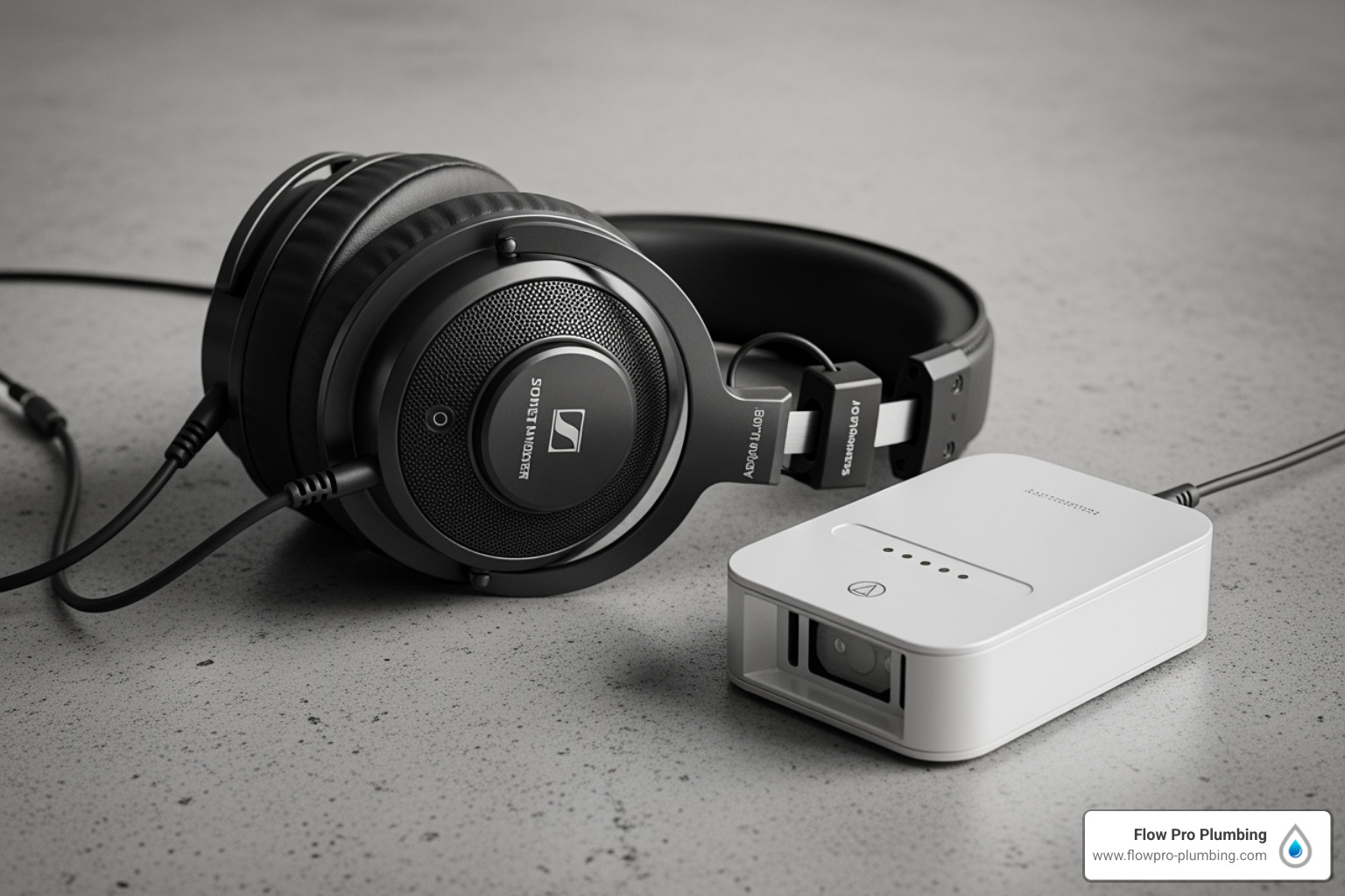 technician's headphones and a sensor placed on a concrete floor - electronic leak detection technician's headphones and a sensor placed on a concrete floor - electronic leak detection
