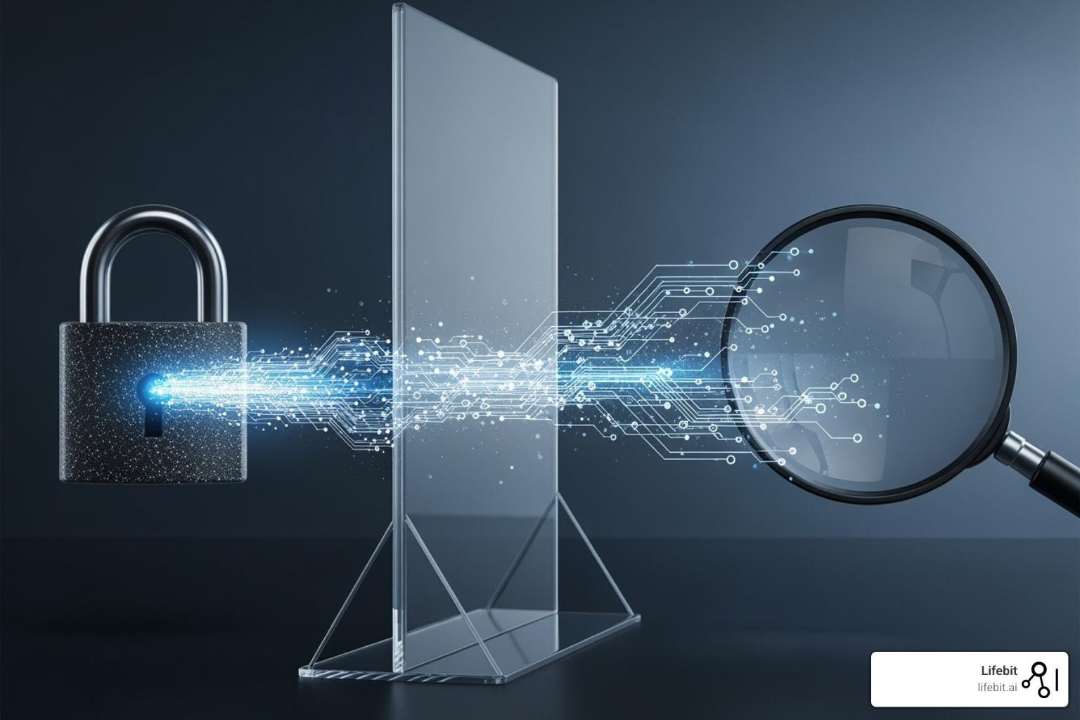 Image showing data flowing from a padlock (representing security) to a magnifying glass (representing research and accessibility), with a clear barrier in between, illustrating the tension between data accessibility and security. - biomedical data access