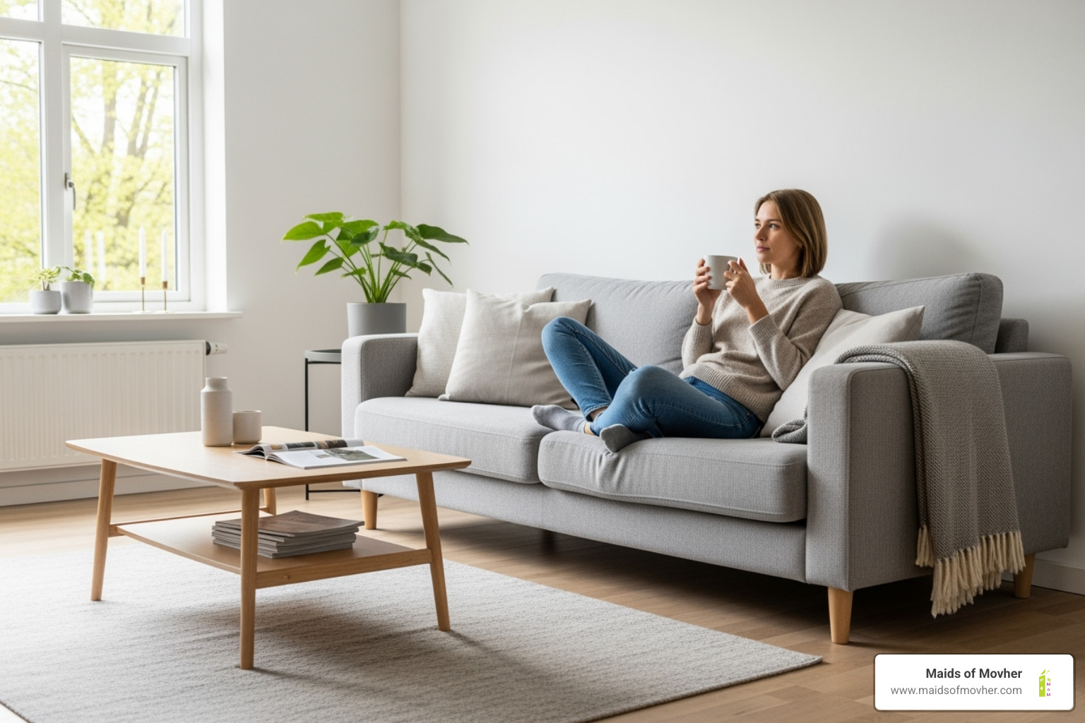 person relaxing with a cup of coffee in a spotless home - one-time deep cleaning washington person relaxing with a cup of coffee in a spotless home - one-time deep cleaning washington
