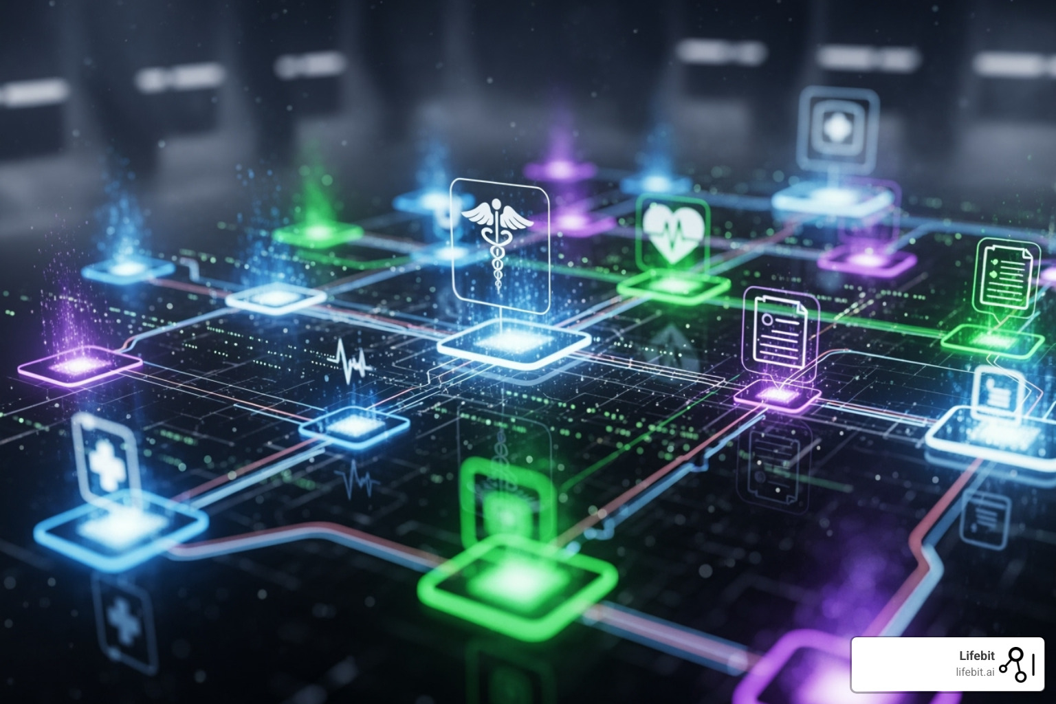 Image of a blockchain network securely linking medical records, with glowing nodes representing distributed ledgers and encrypted data. - biomedical data access
