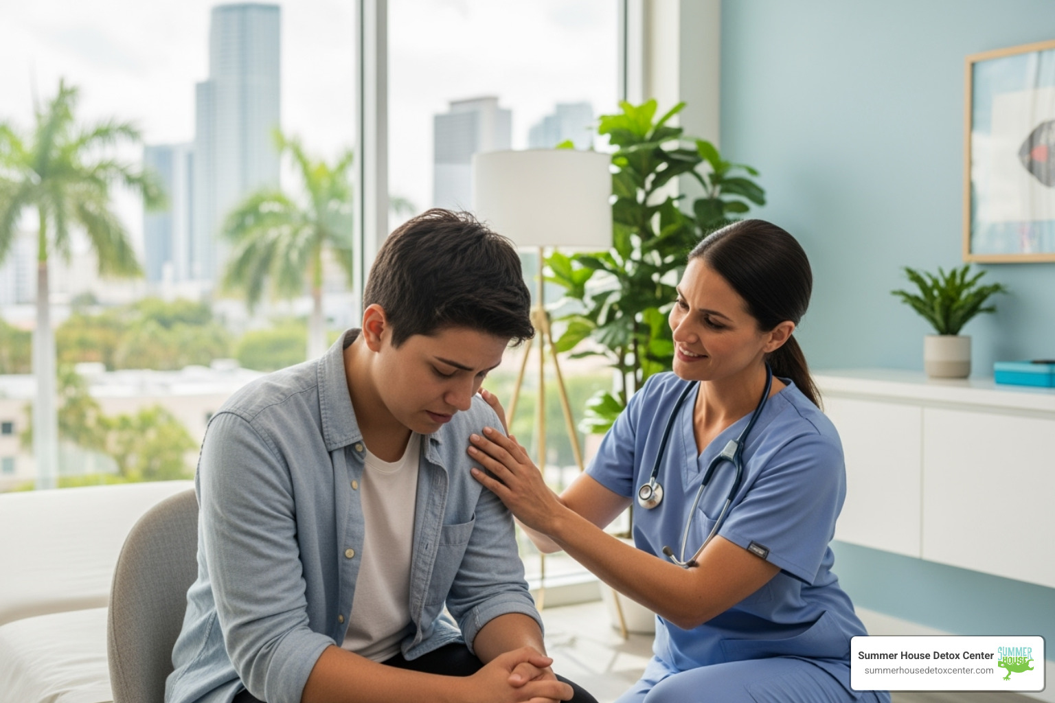 image depicting a person looking distressed, contrasted with a supportive medical professional in Miami, FL - heroin withdrawal symptoms