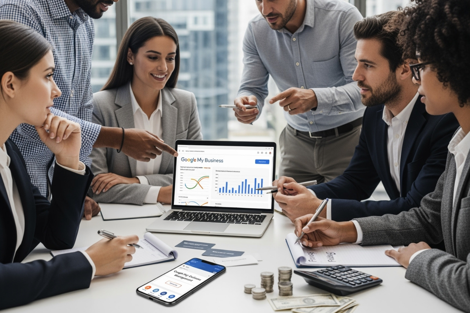 A screenshot of a Google Business Profile dashboard showing various sections like info, posts, reviews, messages, and insights - google my business management pricing