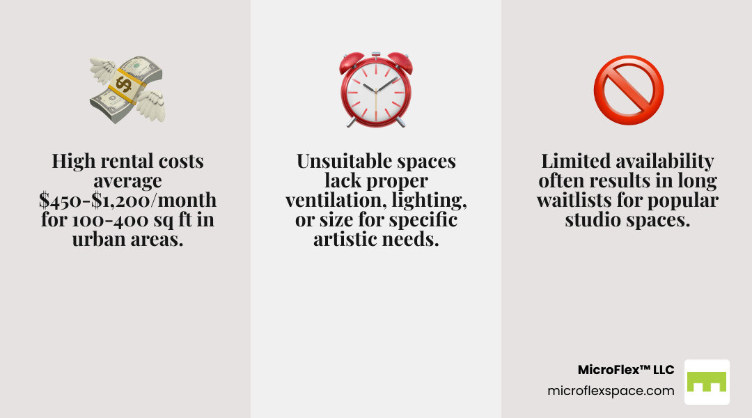 Infographic showing the three biggest challenges artists face when seeking studio space: 1) High rental costs (average $450-$1,200/month for 100-400 sq ft in urban areas), 2) Limited availability (long waitlists at popular studio buildings, especially subsidized programs), and 3) Unsuitable spaces (lack of proper ventilation, lighting, or size for specific artistic mediums). The infographic includes icons for a dollar sign, a waiting clock, and a crossed-out building, with statistics showing that initial studio setup can cost thousands to tens of thousands of dollars depending on location and needs. - Affordable studio space infographic 3_facts_emoji_grey Infographic showing the three biggest challenges artists face when seeking studio space: 1) High rental costs (average $450-$1,200/month for 100-400 sq ft in urban areas), 2) Limited availability (long waitlists at popular studio buildings, especially subsidized programs), and 3) Unsuitable spaces (lack of proper ventilation, lighting, or size for specific artistic mediums). The infographic includes icons for a dollar sign, a waiting clock, and a crossed-out building, with statistics showing that initial studio setup can cost thousands to tens of thousands of dollars depending on location and needs. - Affordable studio space infographic 3_facts_emoji_grey