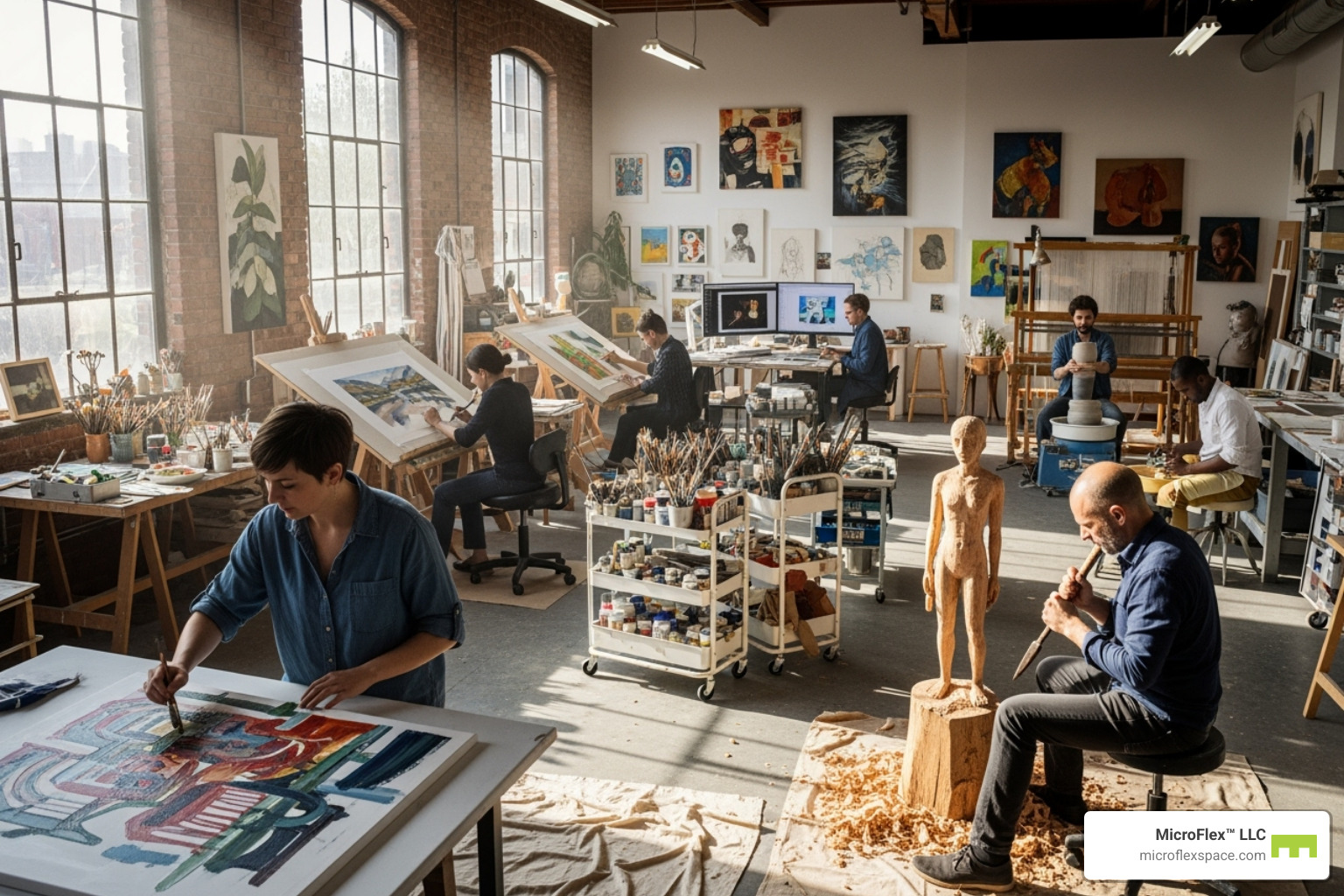 Several artists working together in a large, open-plan shared studio, with various art forms being created at different workstations. - Affordable studio space Several artists working together in a large, open-plan shared studio, with various art forms being created at different workstations. - Affordable studio space
