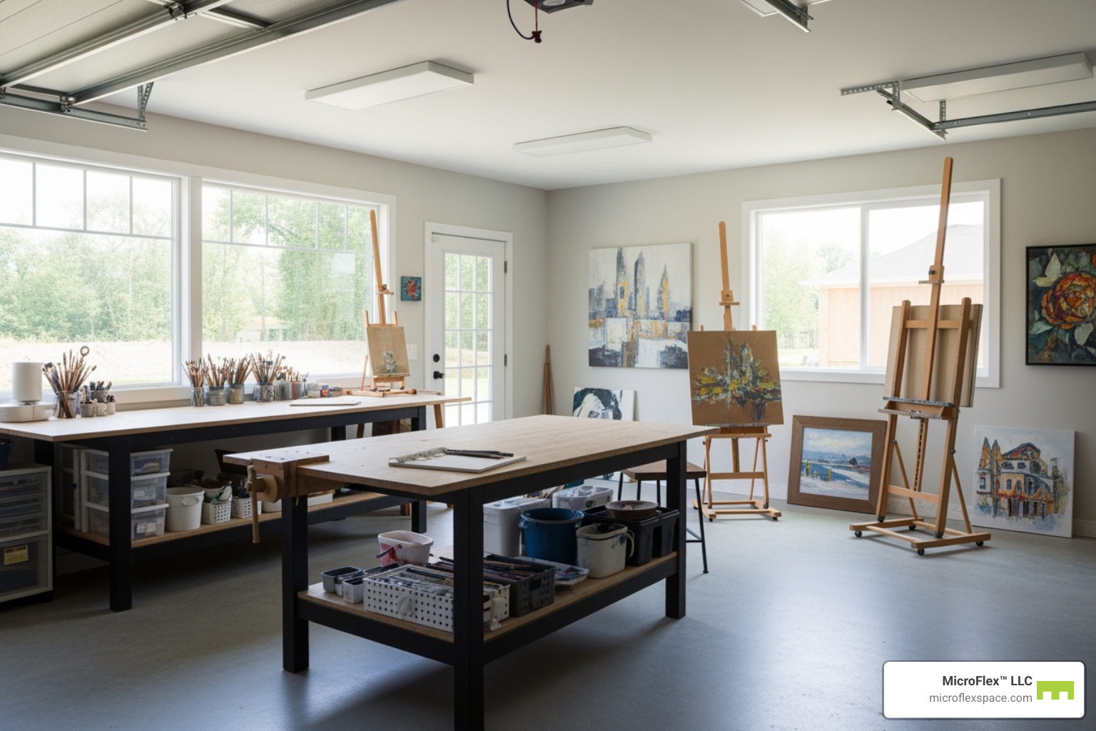 A well-organized garage converted into a functional art studio with natural light, workbenches, and art supplies neatly stored. - Affordable studio space A well-organized garage converted into a functional art studio with natural light, workbenches, and art supplies neatly stored. - Affordable studio space