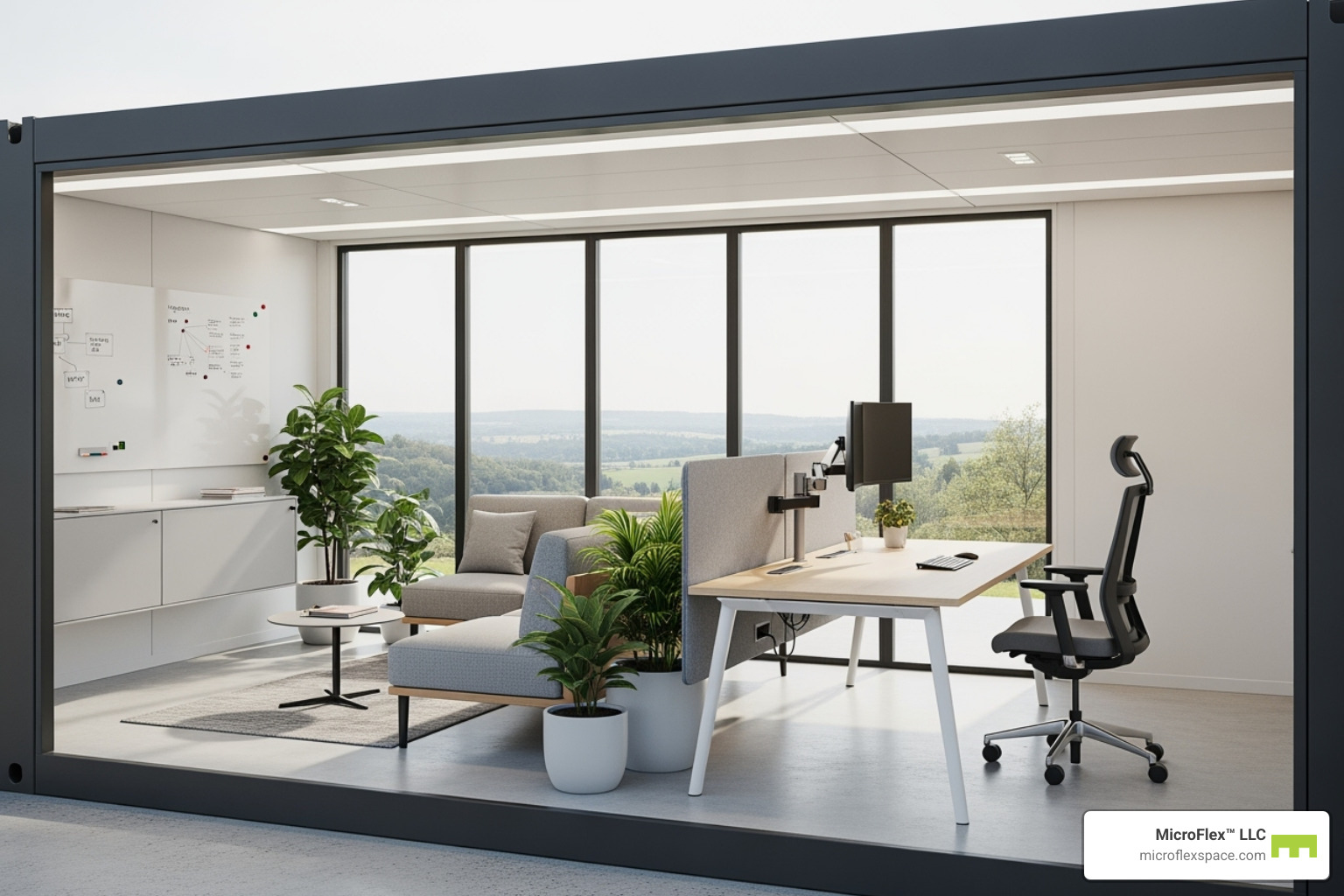 A modern, modular workspace unit with large windows, a clean interior, and adaptable furniture, suitable for various creative uses. - Affordable studio space A modern, modular workspace unit with large windows, a clean interior, and adaptable furniture, suitable for various creative uses. - Affordable studio space