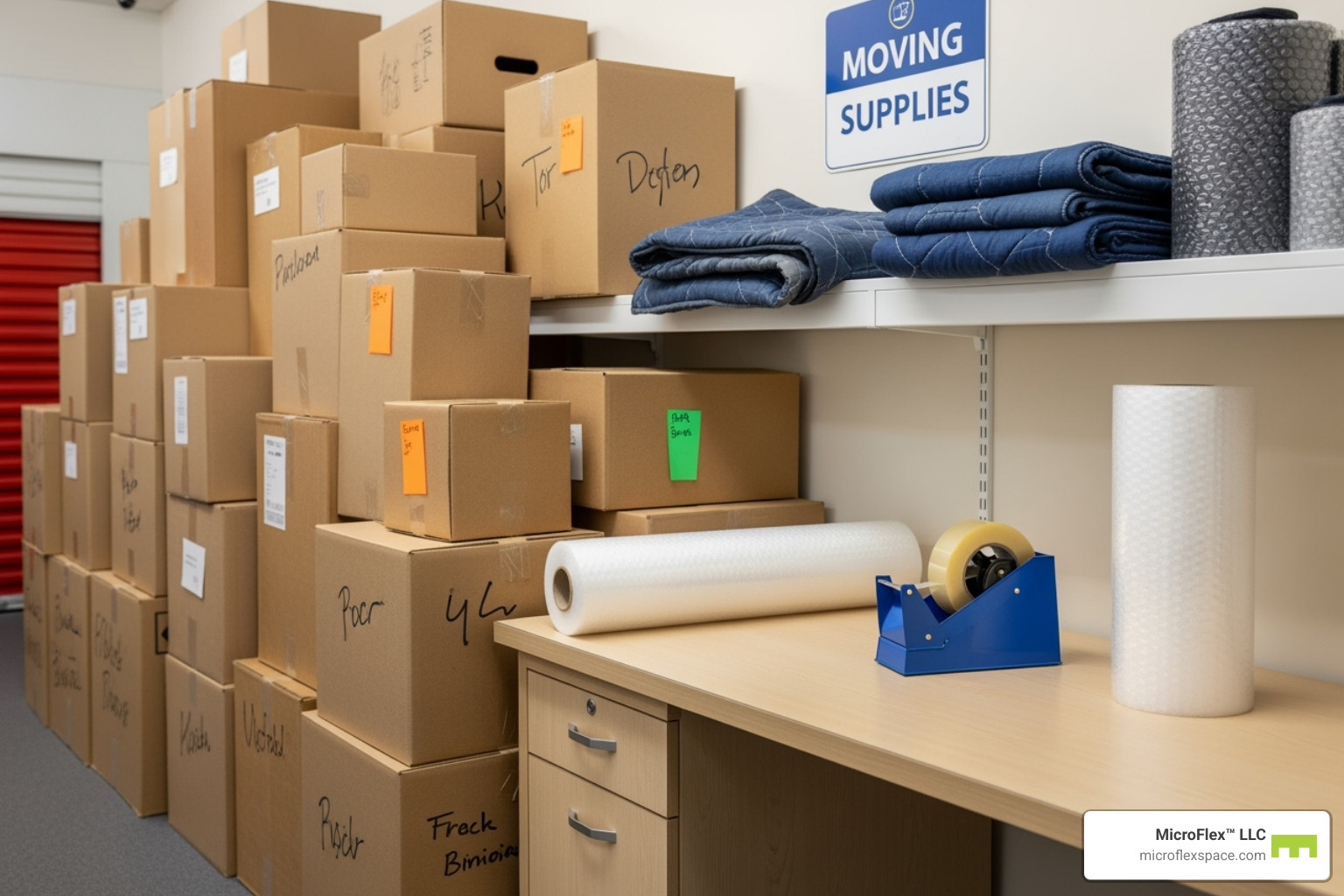 Moving supplies including cardboard boxes, packing tape, and bubble wrap displayed in a storage facility office - Storage facility Madison AL Moving supplies including cardboard boxes, packing tape, and bubble wrap displayed in a storage facility office - Storage facility Madison AL