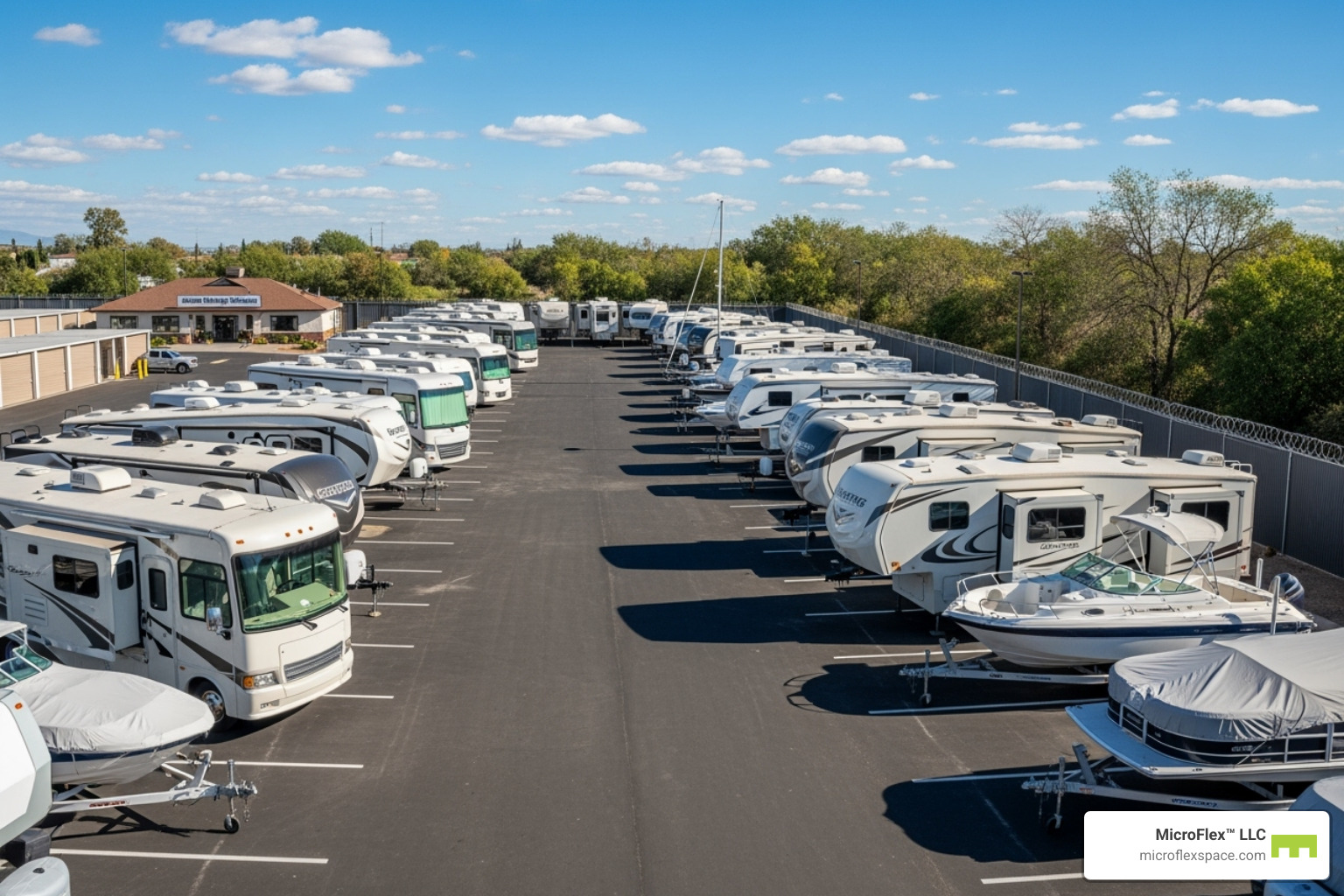 An outdoor parking area at a storage facility with several RVs and boats parked securely - Storage facility Madison AL An outdoor parking area at a storage facility with several RVs and boats parked securely - Storage facility Madison AL