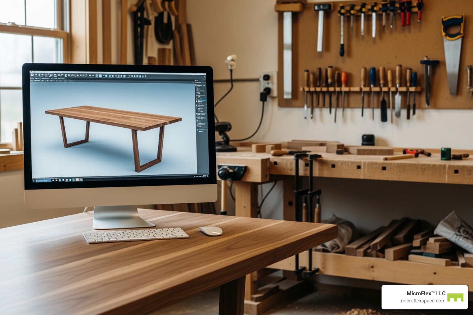 A 3D rendering of a modern wooden dining table on a computer screen, displayed next to the actual finished dining table in a workshop, showcasing the accuracy of the design process - Custom furniture business A 3D rendering of a modern wooden dining table on a computer screen, displayed next to the actual finished dining table in a workshop, showcasing the accuracy of the design process - Custom furniture business