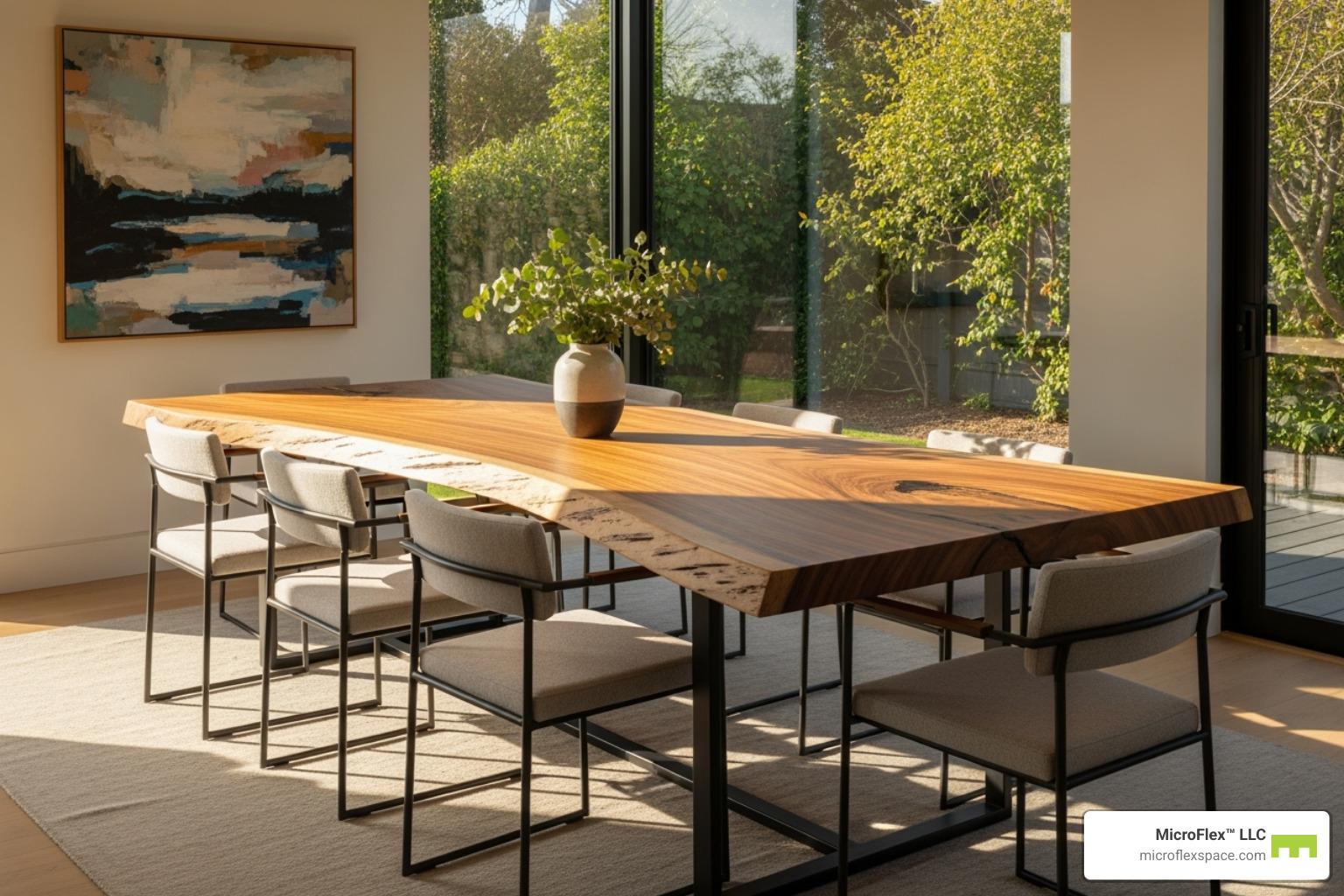A stunning, unique custom dining table made of live-edge wood in a modern, sunlit home, surrounded by minimalist chairs - Custom furniture business A stunning, unique custom dining table made of live-edge wood in a modern, sunlit home, surrounded by minimalist chairs - Custom furniture business