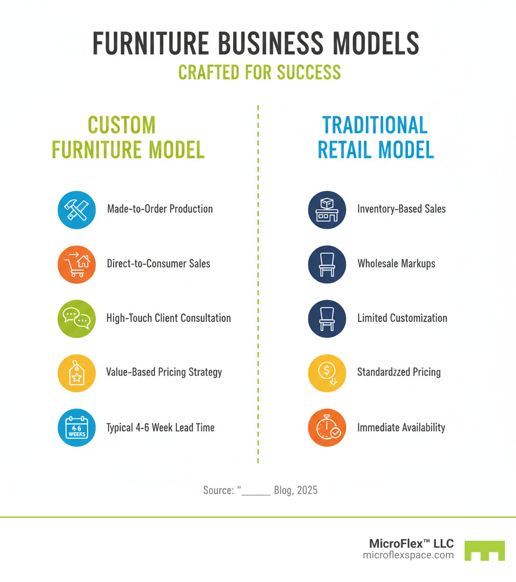 Infographic comparing custom furniture business model showing made-to-order production, direct-to-consumer sales, high-touch client consultation process, value-based pricing strategy, typical 4-6 week lead times, versus traditional retail model with inventory-based sales, wholesale markups, limited customization, and immediate availability - Custom furniture business infographic Infographic comparing custom furniture business model showing made-to-order production, direct-to-consumer sales, high-touch client consultation process, value-based pricing strategy, typical 4-6 week lead times, versus traditional retail model with inventory-based sales, wholesale markups, limited customization, and immediate availability - Custom furniture business infographic