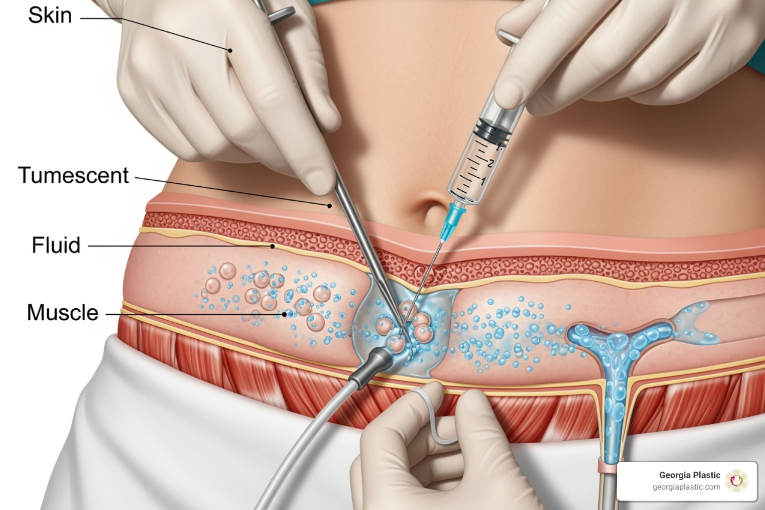 Liposuction process illustration showing a surgeon using a cannula to suction fat from the abdomen, with tumescent fluid being injected and fat cells being removed - mommy makeover with liposuction Liposuction process illustration showing a surgeon using a cannula to suction fat from the abdomen, with tumescent fluid being injected and fat cells being removed - mommy makeover with liposuction