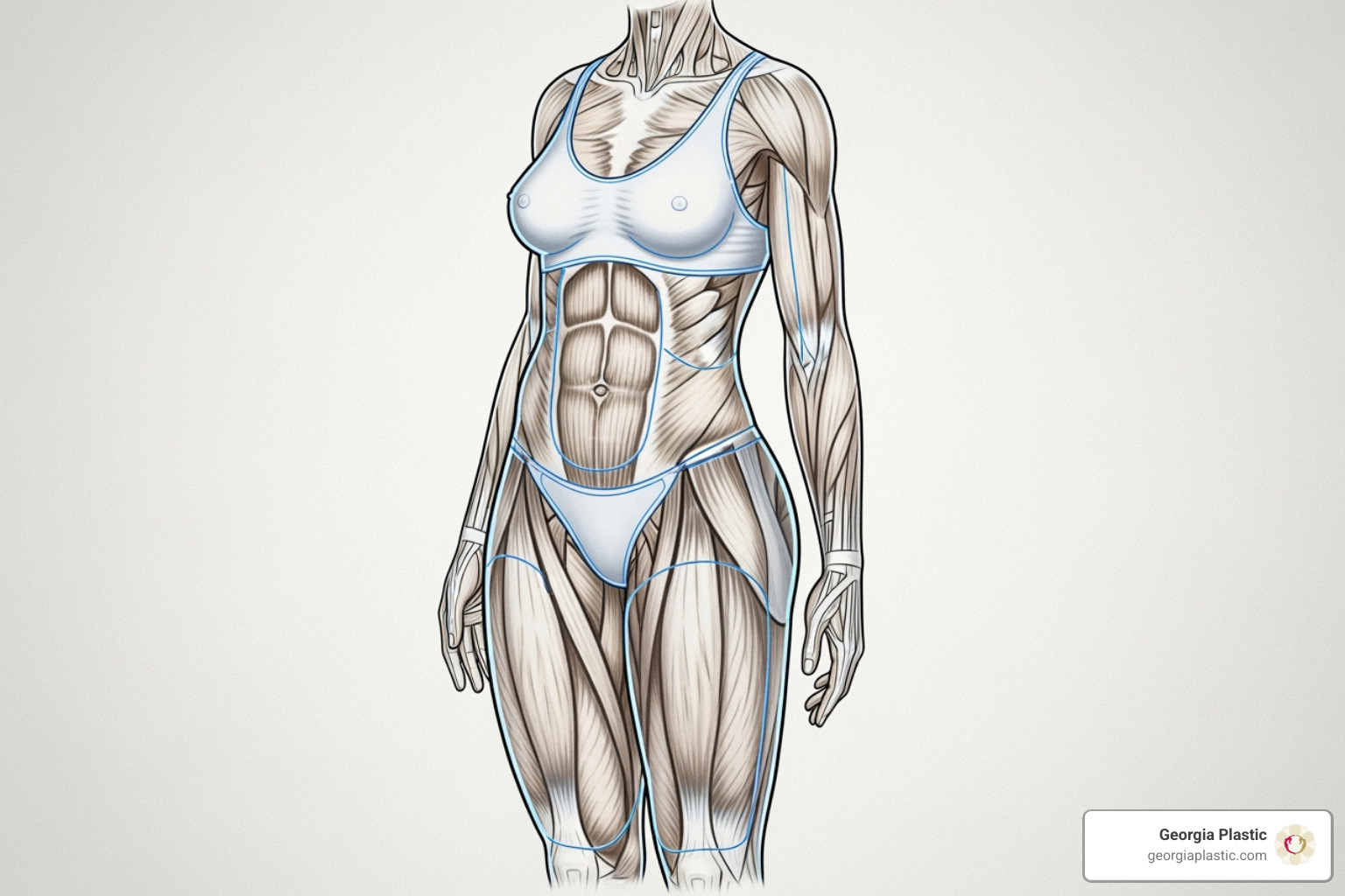 Female figure highlighting common liposuction zones including the abdomen, flanks (love handles), inner thighs, outer thighs, back (bra roll area), and upper arms - mommy makeover with liposuction Female figure highlighting common liposuction zones including the abdomen, flanks (love handles), inner thighs, outer thighs, back (bra roll area), and upper arms - mommy makeover with liposuction