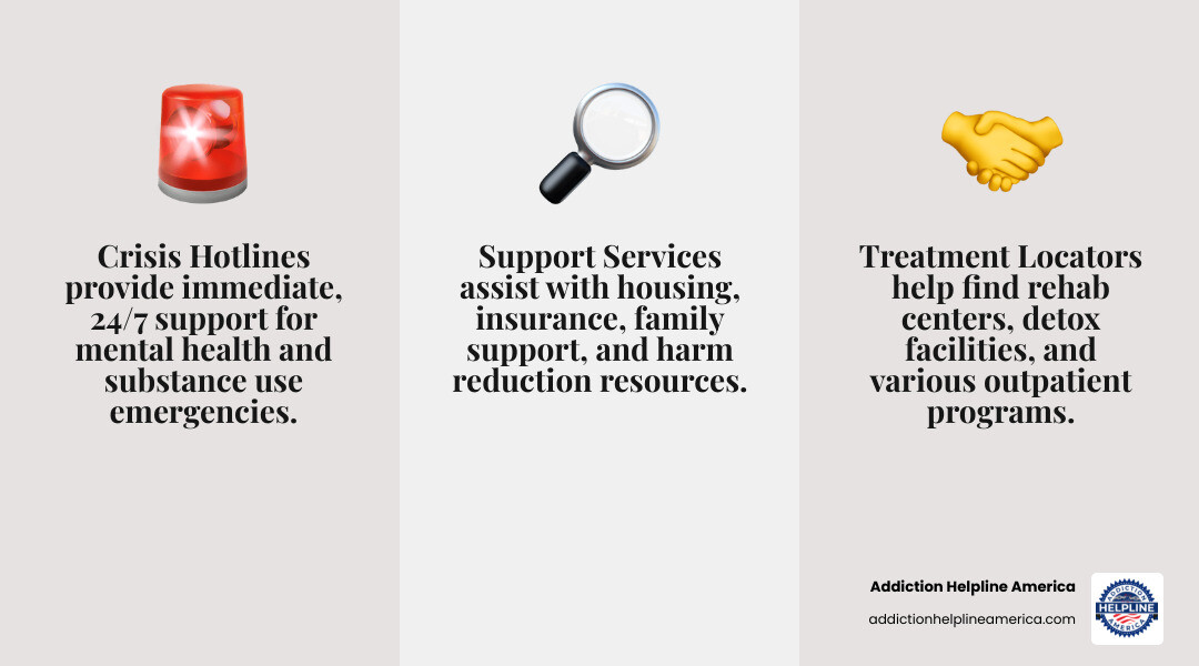 infographic showing three columns: Crisis Hotlines (988, HOPEline) for immediate danger or emotional distress with 24/7 support; Treatment Locators (FindTreatment.gov, SAMHSA) for finding rehab centers, detox facilities, and outpatient programs with search filters; and Support Services (211, OASAS) for housing assistance, insurance help, family support, and harm reduction supplies - addiction and rehab hotlines/new york numbers infographic 3_facts_emoji_grey infographic showing three columns: Crisis Hotlines (988, HOPEline) for immediate danger or emotional distress with 24/7 support; Treatment Locators (FindTreatment.gov, SAMHSA) for finding rehab centers, detox facilities, and outpatient programs with search filters; and Support Services (211, OASAS) for housing assistance, insurance help, family support, and harm reduction supplies - addiction and rehab hotlines/new york numbers infographic 3_facts_emoji_grey