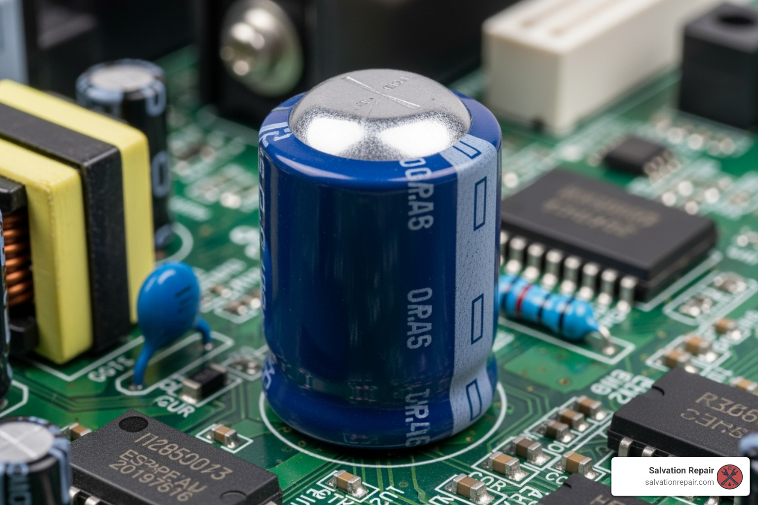 a bulging capacitor on a PSU circuit board - computer power supply repair