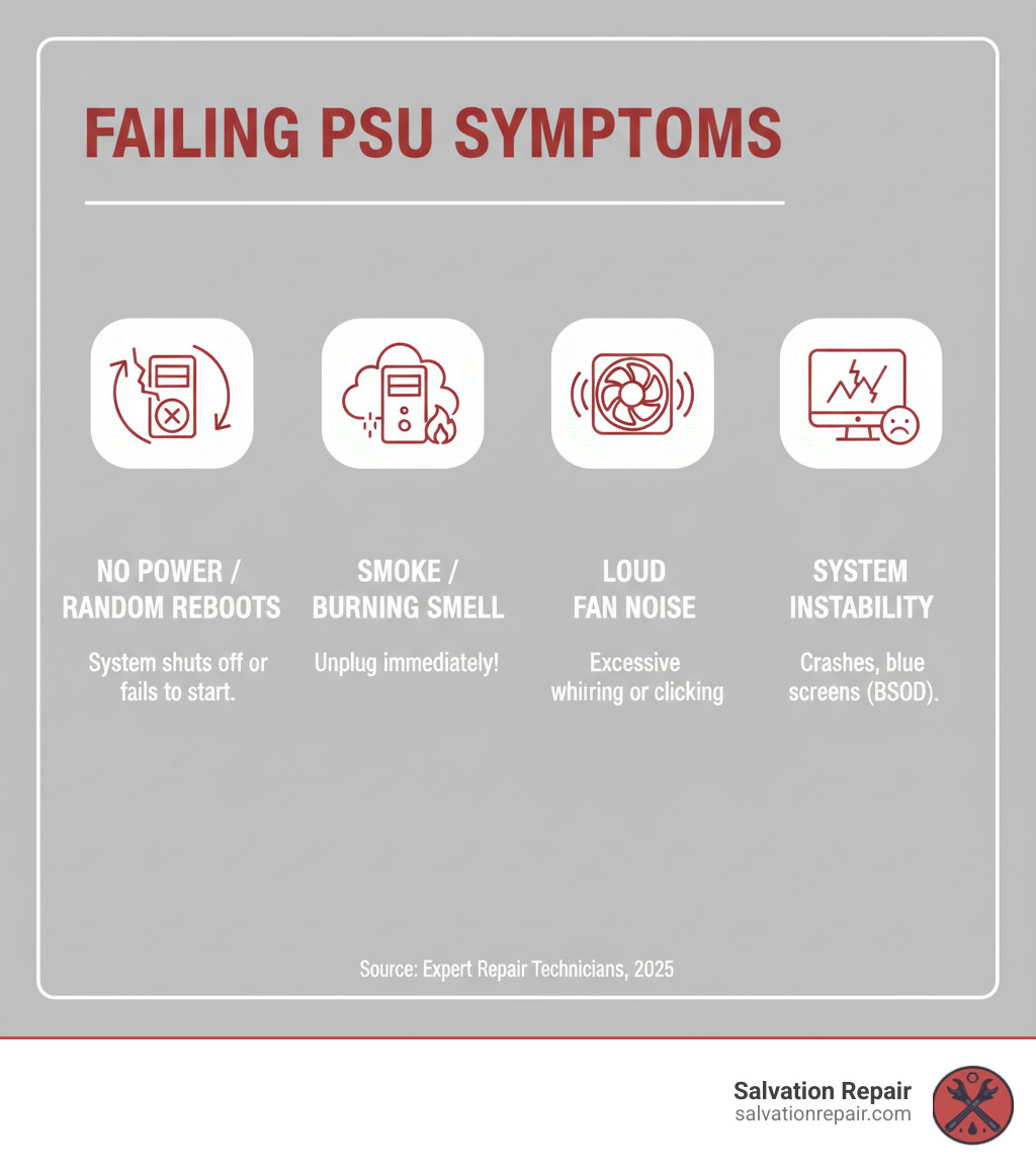 infographic explaining the common symptoms of a failing PSU (e.g., random reboots, no power, smoke/smell, fan noise) - computer power supply repair infographic