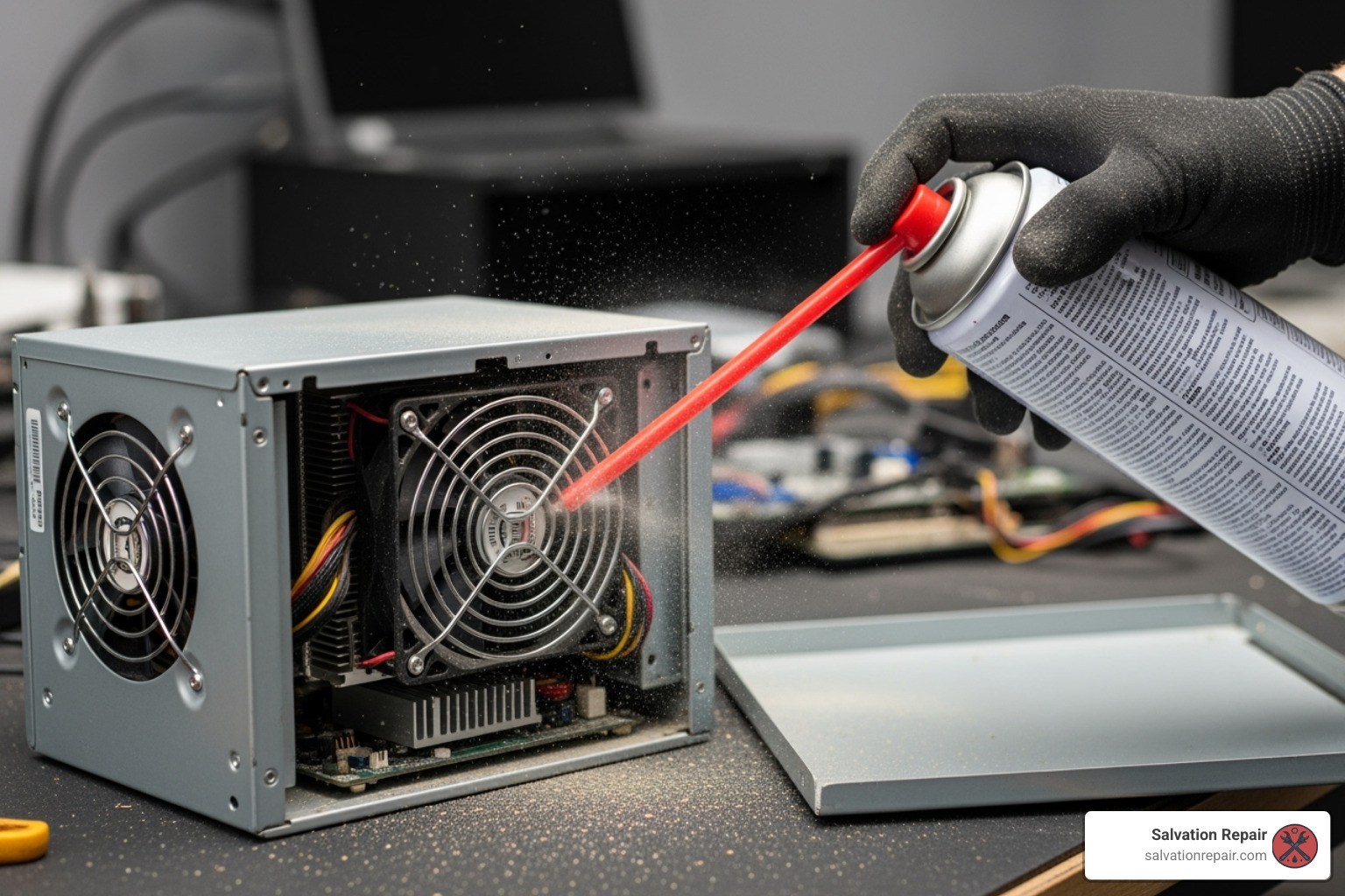 cleaning a dusty PSU fan - computer power supply repair