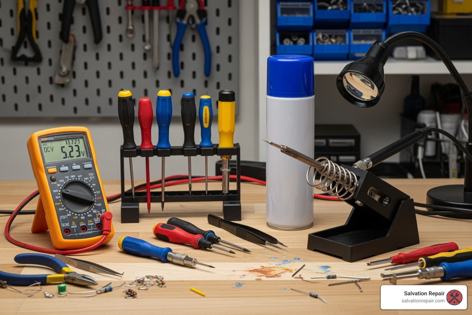 a toolkit with a multimeter, screwdrivers, soldering iron, and compressed air - computer power supply repair