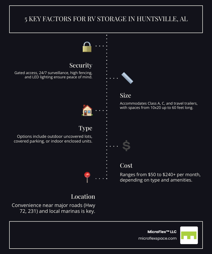 Infographic showing the 5 key factors in choosing RV storage: Security features like gated access and 24/7 surveillance, Size accommodation from 10x20 to 60 feet long, Type options including outdoor uncovered lots, covered parking with overhead protection, and indoor enclosed units, Cost ranging from $50 to $240+ per month depending on amenities, and Location convenience near Highway 72, Highway 231, and local marinas - RV storage Huntsville AL infographic infographic-line-5-steps-dark Infographic showing the 5 key factors in choosing RV storage: Security features like gated access and 24/7 surveillance, Size accommodation from 10x20 to 60 feet long, Type options including outdoor uncovered lots, covered parking with overhead protection, and indoor enclosed units, Cost ranging from $50 to $240+ per month depending on amenities, and Location convenience near Highway 72, Highway 231, and local marinas - RV storage Huntsville AL infographic infographic-line-5-steps-dark