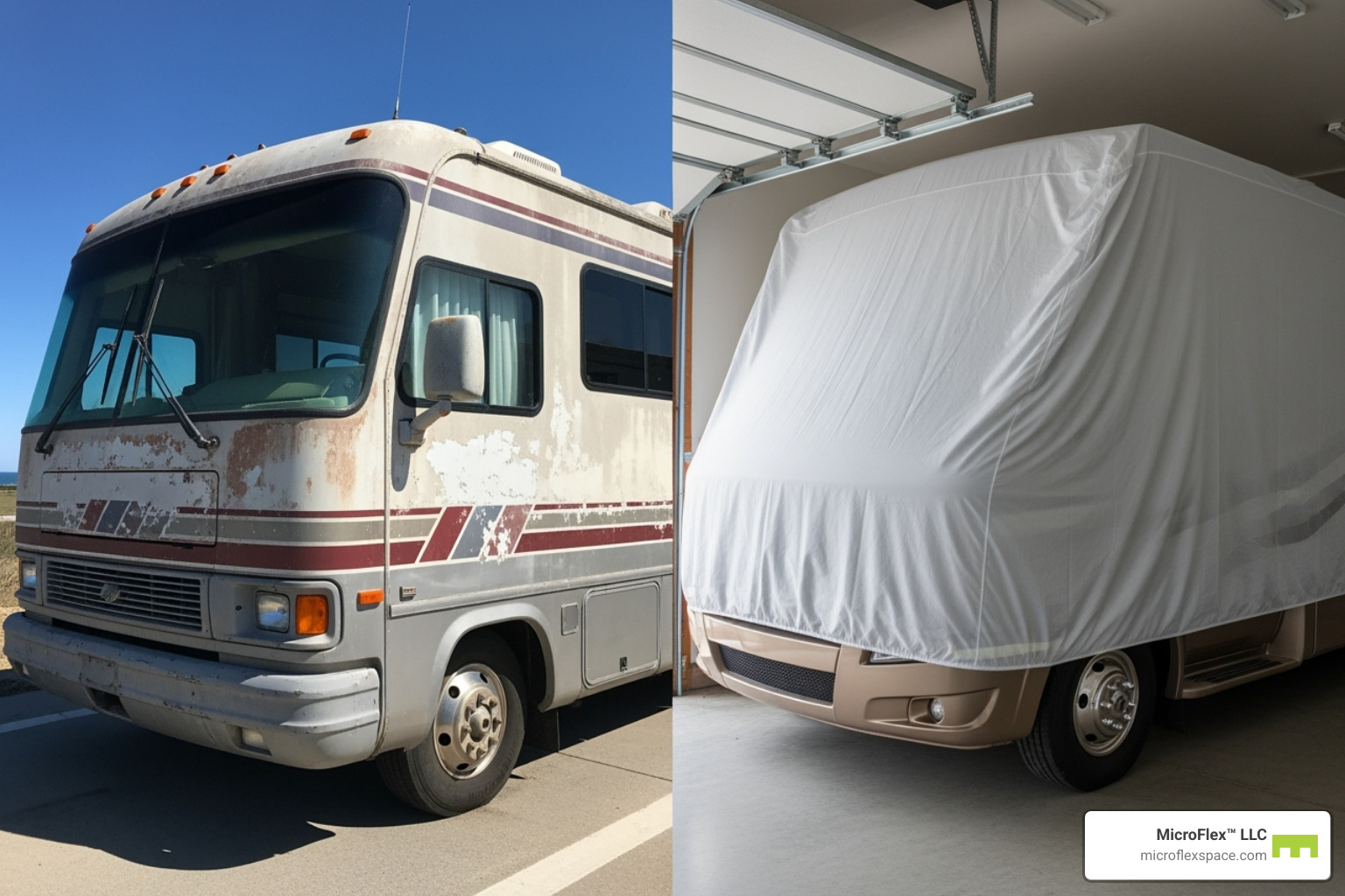 comparing a sun-damaged RV to a well-maintained one - RV storage Huntsville AL comparing a sun-damaged RV to a well-maintained one - RV storage Huntsville AL